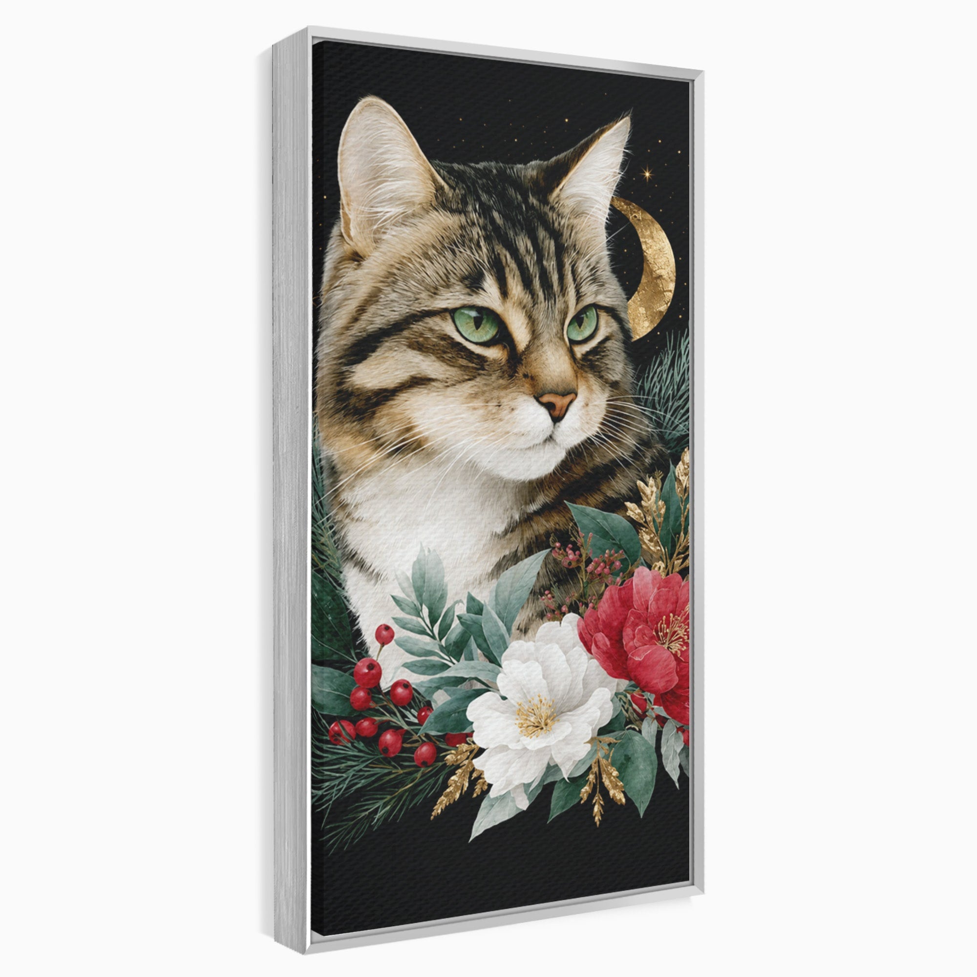 Tablou Canvas Premium LuxCanva® M1590, Pisica Sub Luna, Pisica, Luna, Flori, Natura, Living, Culori Vibrante