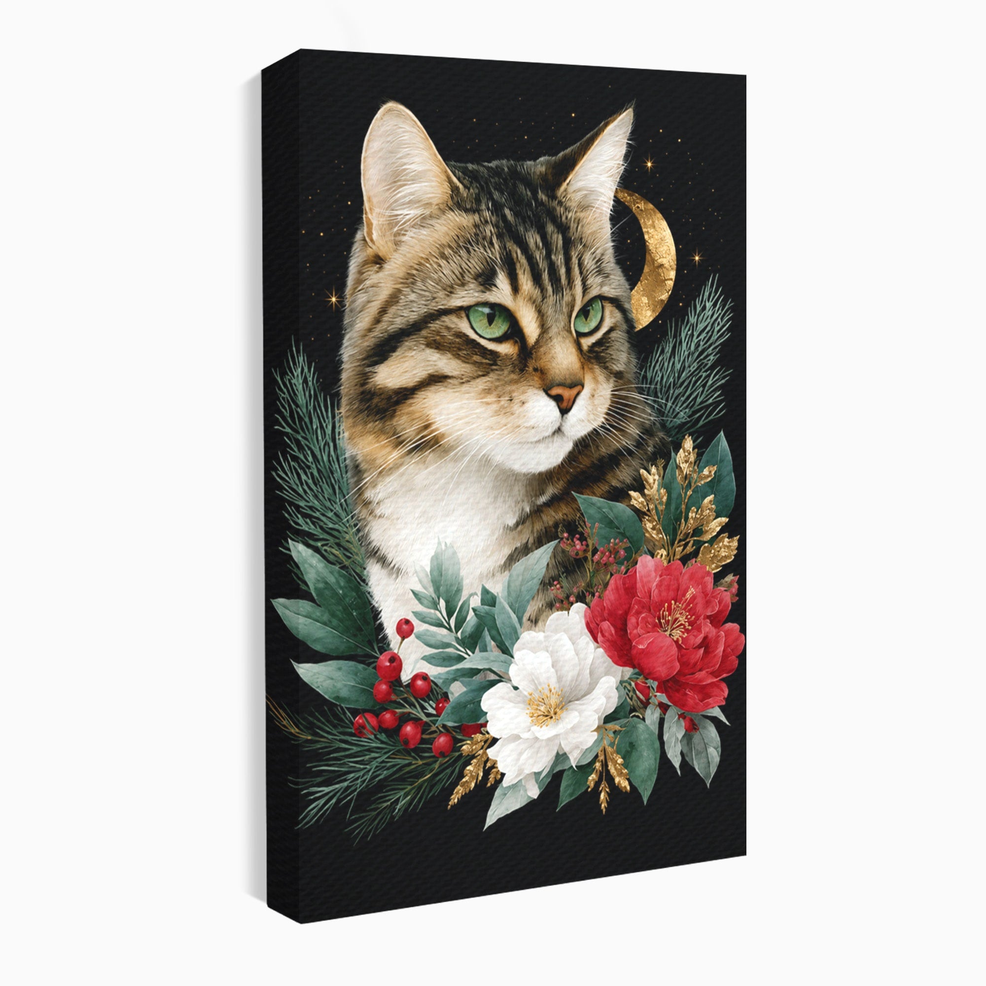Tablou Canvas Premium LuxCanva® M1590, Pisica Sub Luna, Pisica, Luna, Flori, Natura, Living, Culori Vibrante