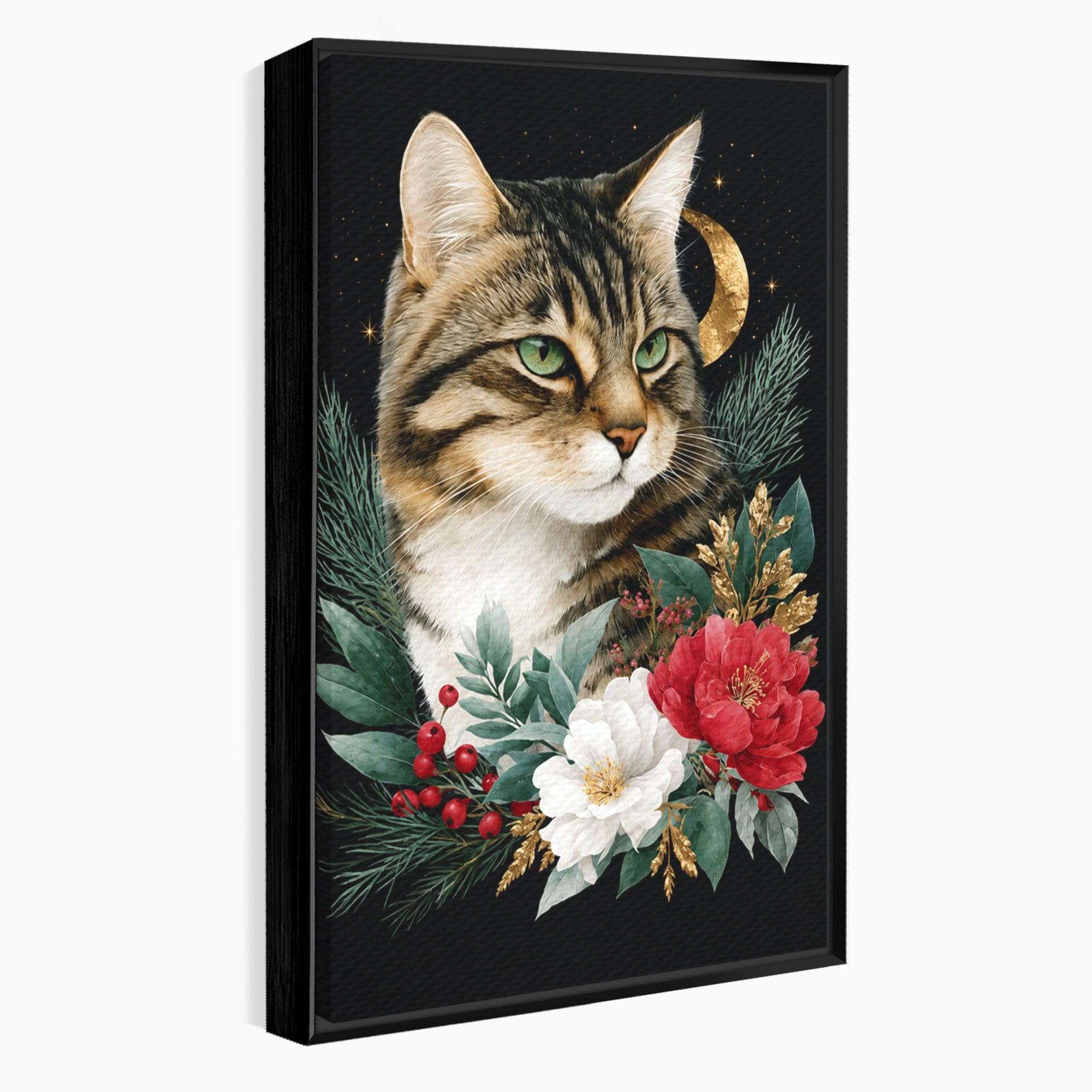 Tablou Canvas Premium LuxCanva® M1590, Pisica Sub Luna, Pisica, Luna, Flori, Natura, Living, Culori Vibrante