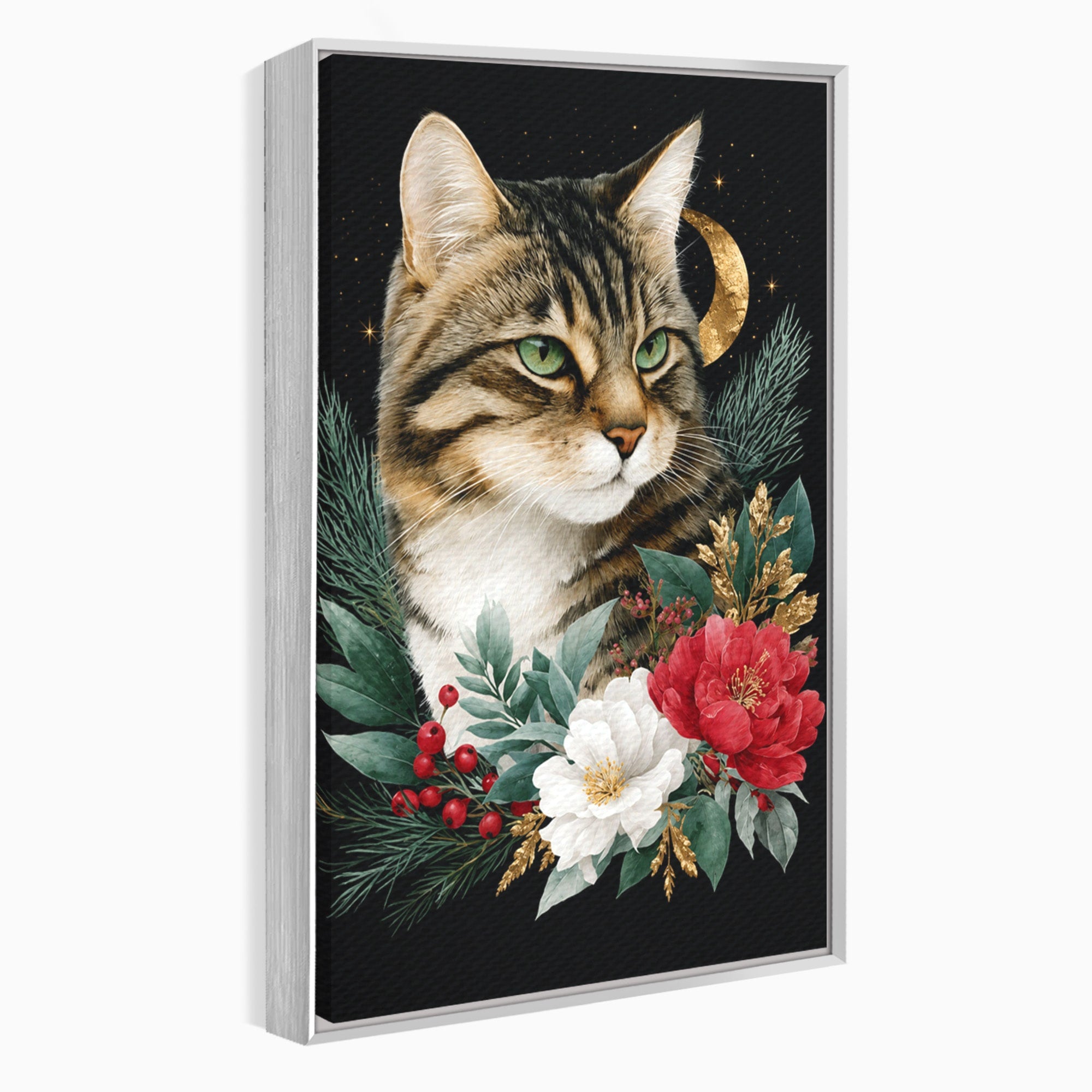 Tablou Canvas Premium LuxCanva® M1590, Pisica Sub Luna, Pisica, Luna, Flori, Natura, Living, Culori Vibrante