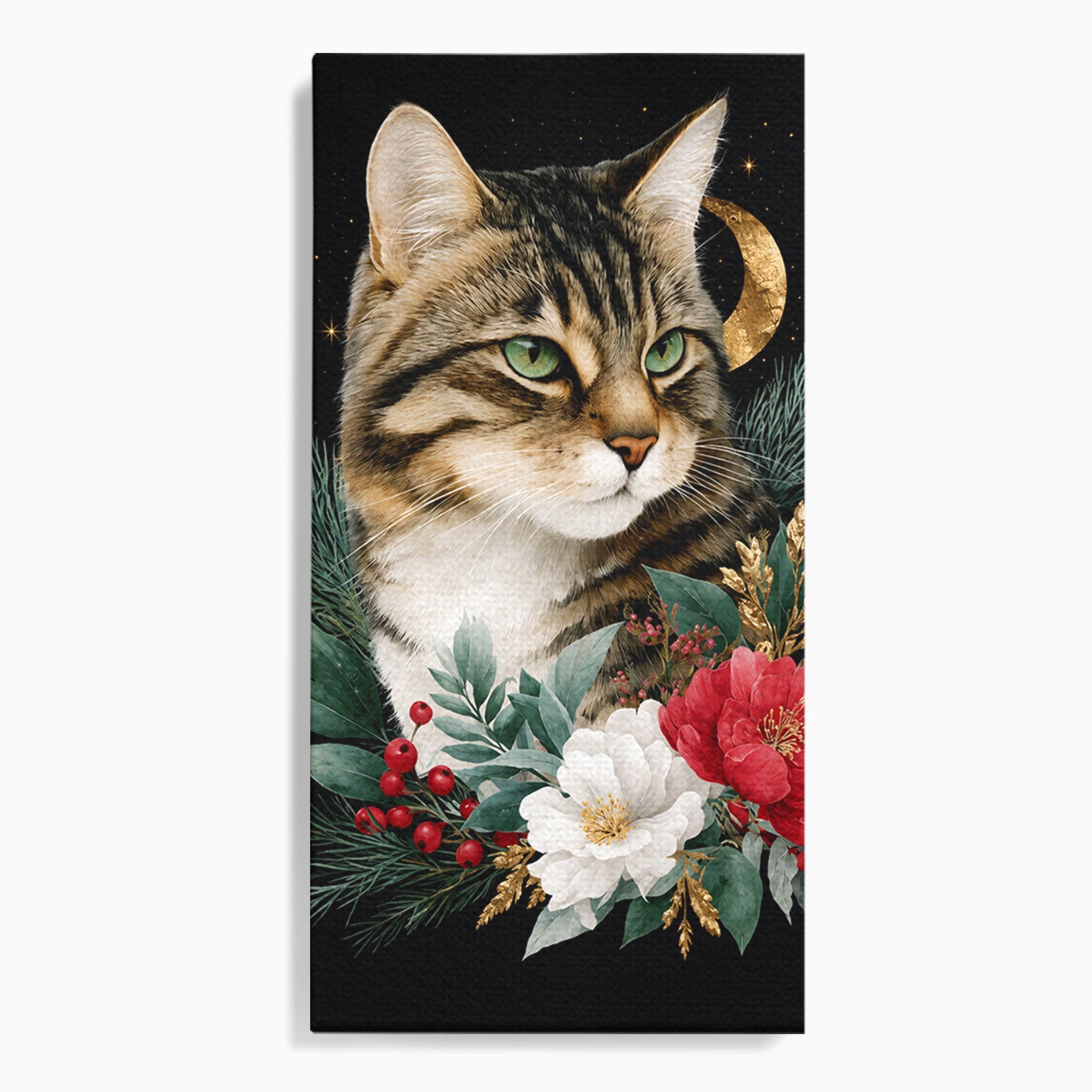 Tablou Canvas Premium LuxCanva® M1590, Pisica Sub Luna, Pisica, Luna, Flori, Natura, Living, Culori Vibrante