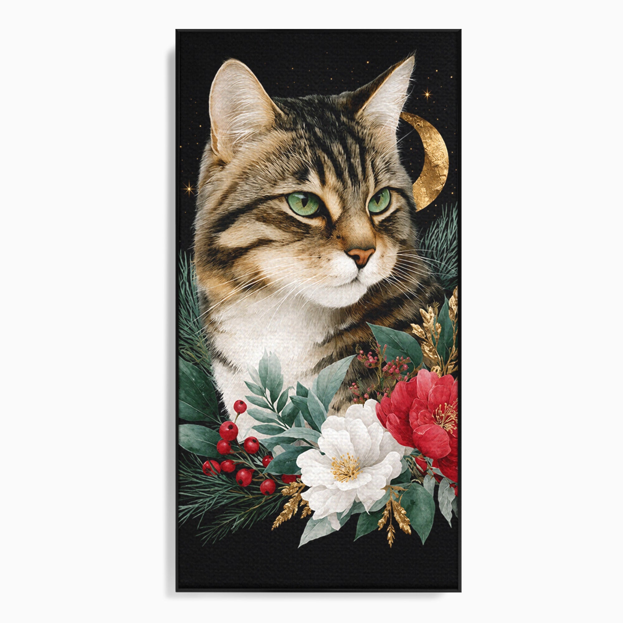 Tablou Canvas Premium LuxCanva® M1590, Pisica Sub Luna, Pisica, Luna, Flori, Natura, Living, Culori Vibrante
