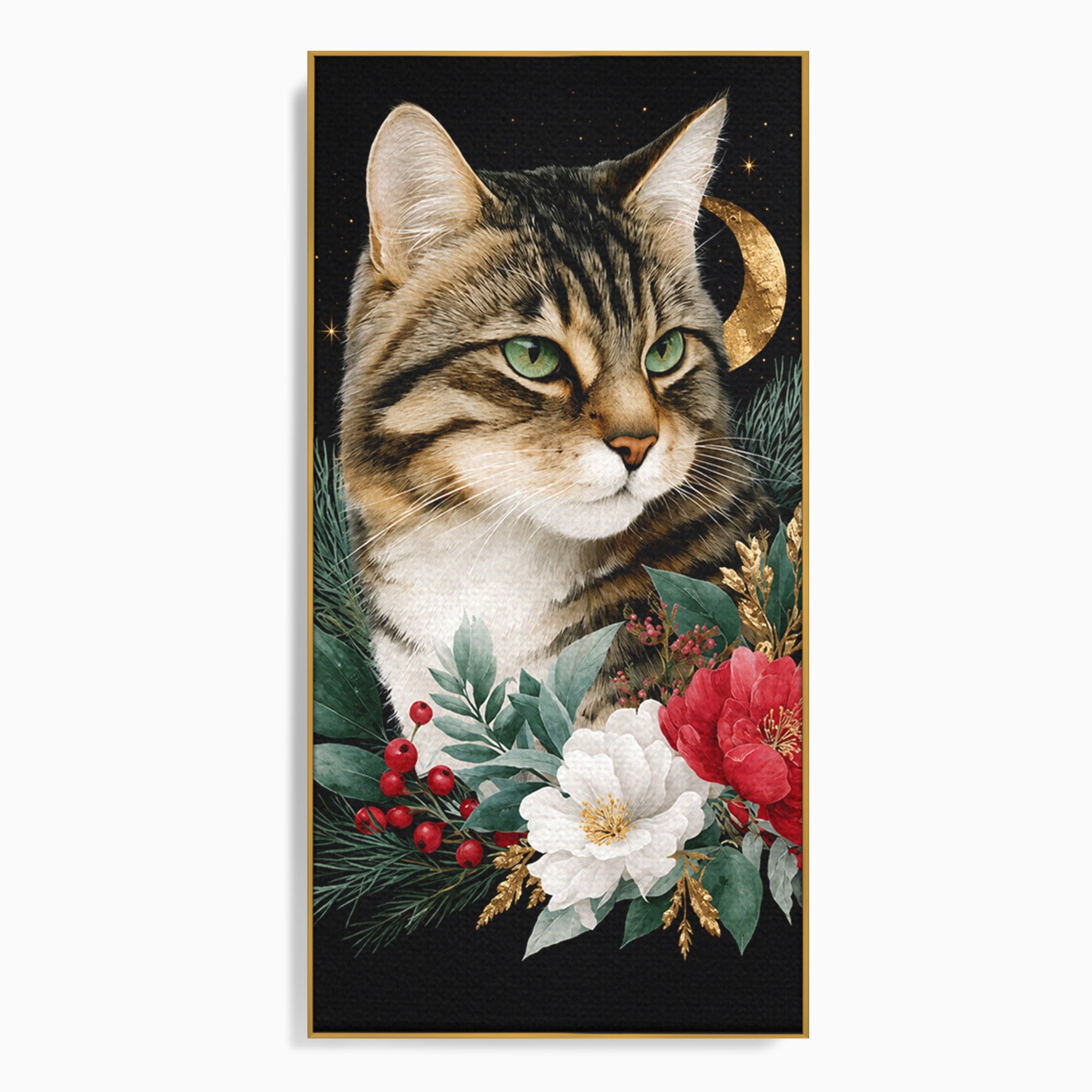 Tablou Canvas Premium LuxCanva® M1590, Pisica Sub Luna, Pisica, Luna, Flori, Natura, Living, Culori Vibrante
