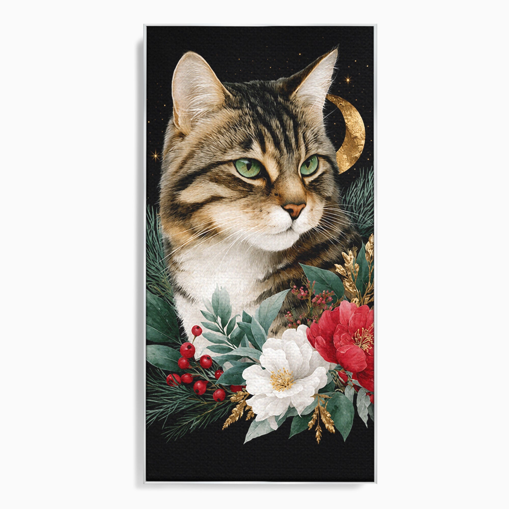 Tablou Canvas Premium LuxCanva® M1590, Pisica Sub Luna, Pisica, Luna, Flori, Natura, Living, Culori Vibrante