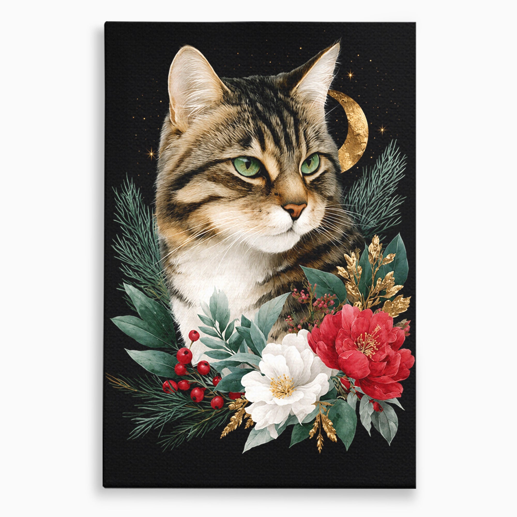 Tablou Canvas Premium LuxCanva® M1590, Pisica Sub Luna, Pisica, Luna, Flori, Natura, Living, Culori Vibrante