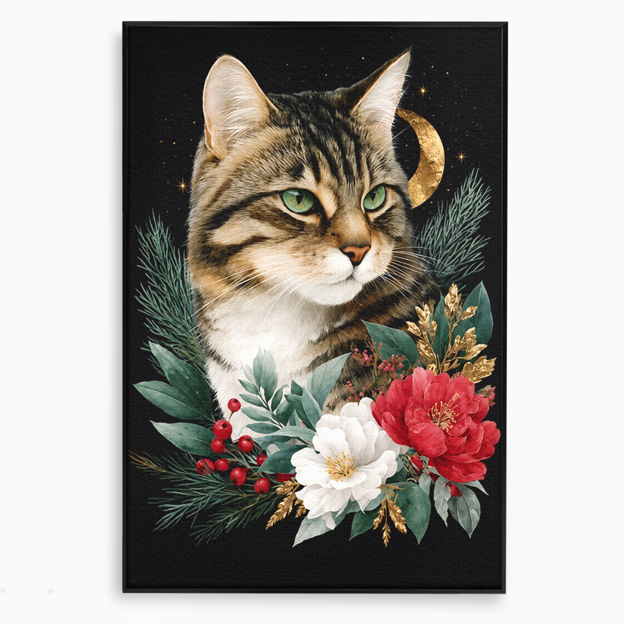 Tablou Canvas Premium LuxCanva® M1590, Pisica Sub Luna, Pisica, Luna, Flori, Natura, Living, Culori Vibrante
