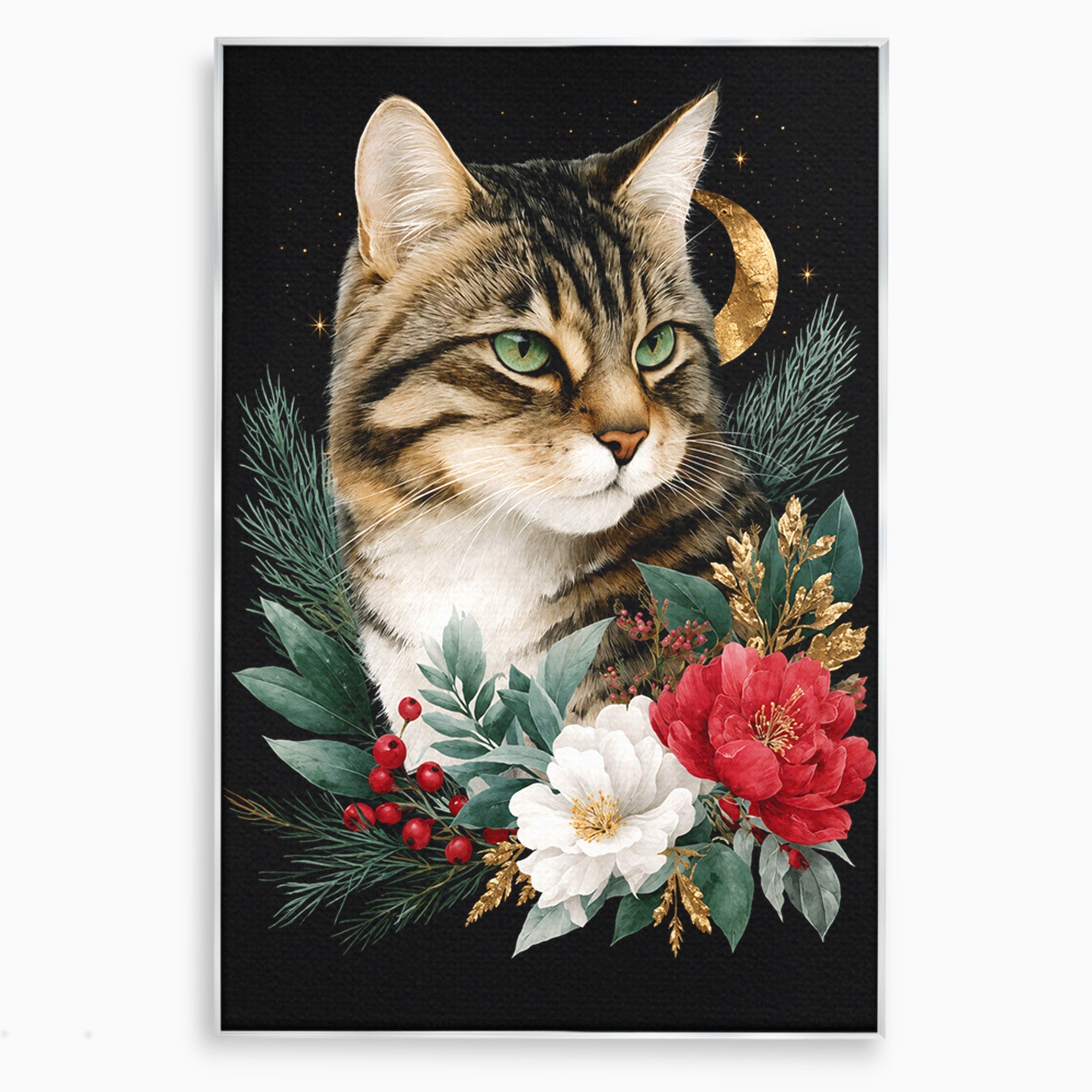 Tablou Canvas Premium LuxCanva® M1590, Pisica Sub Luna, Pisica, Luna, Flori, Natura, Living, Culori Vibrante
