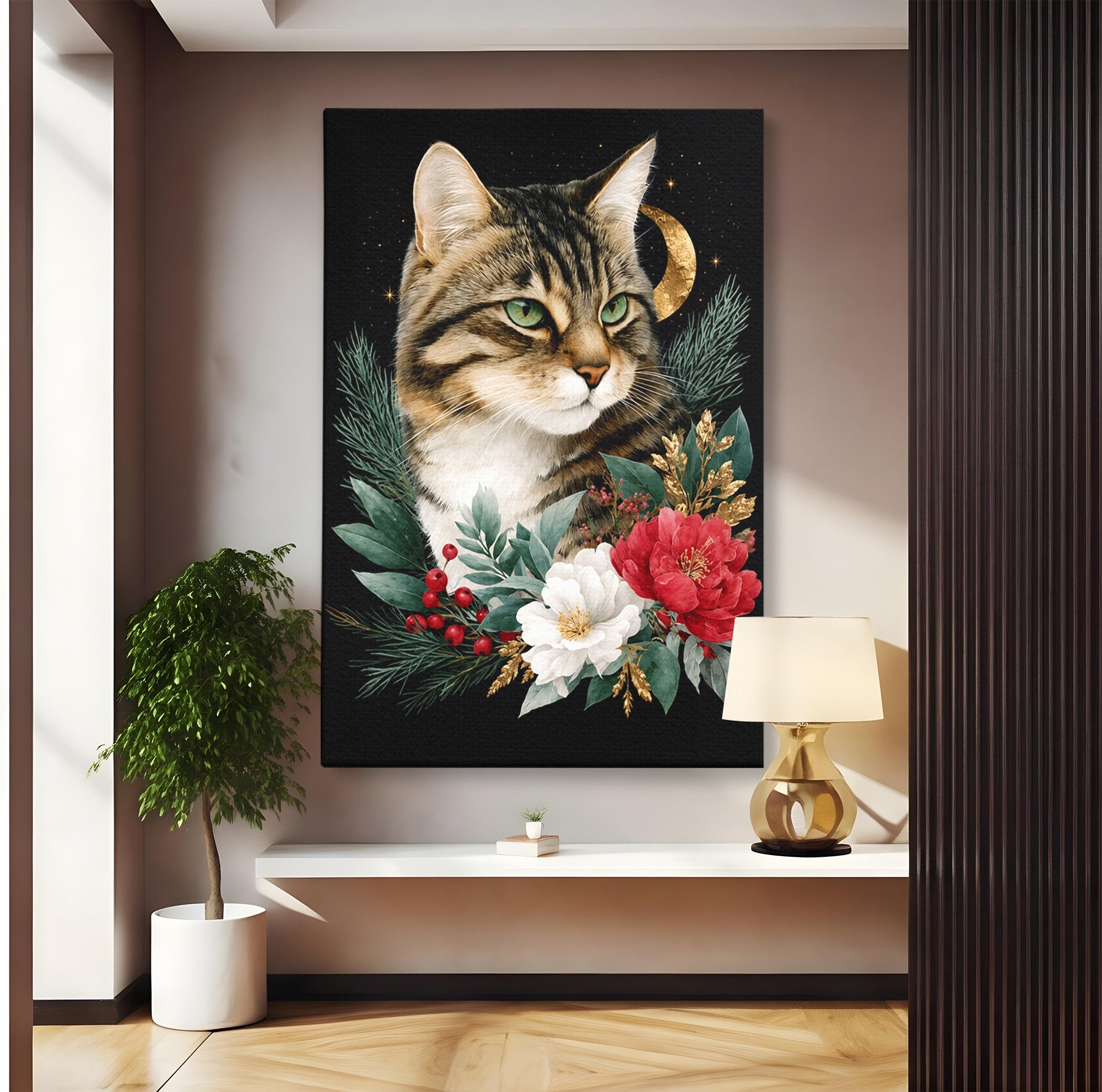 Tablou Canvas Premium LuxCanva® M1590, Pisica Sub Luna, Pisica, Luna, Flori, Natura, Living, Culori Vibrante