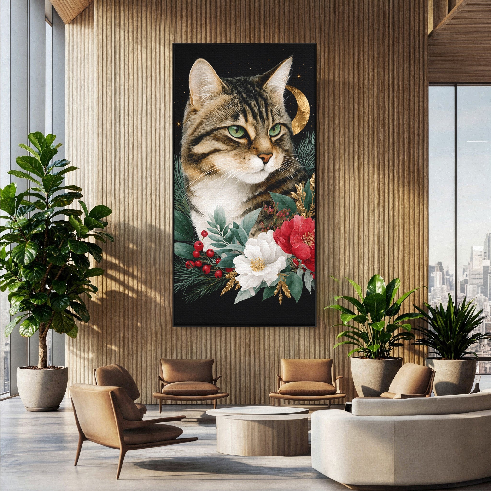 Tablou Canvas Premium LuxCanva® M1590, Pisica Sub Luna, Pisica, Luna, Flori, Natura, Living, Culori Vibrante