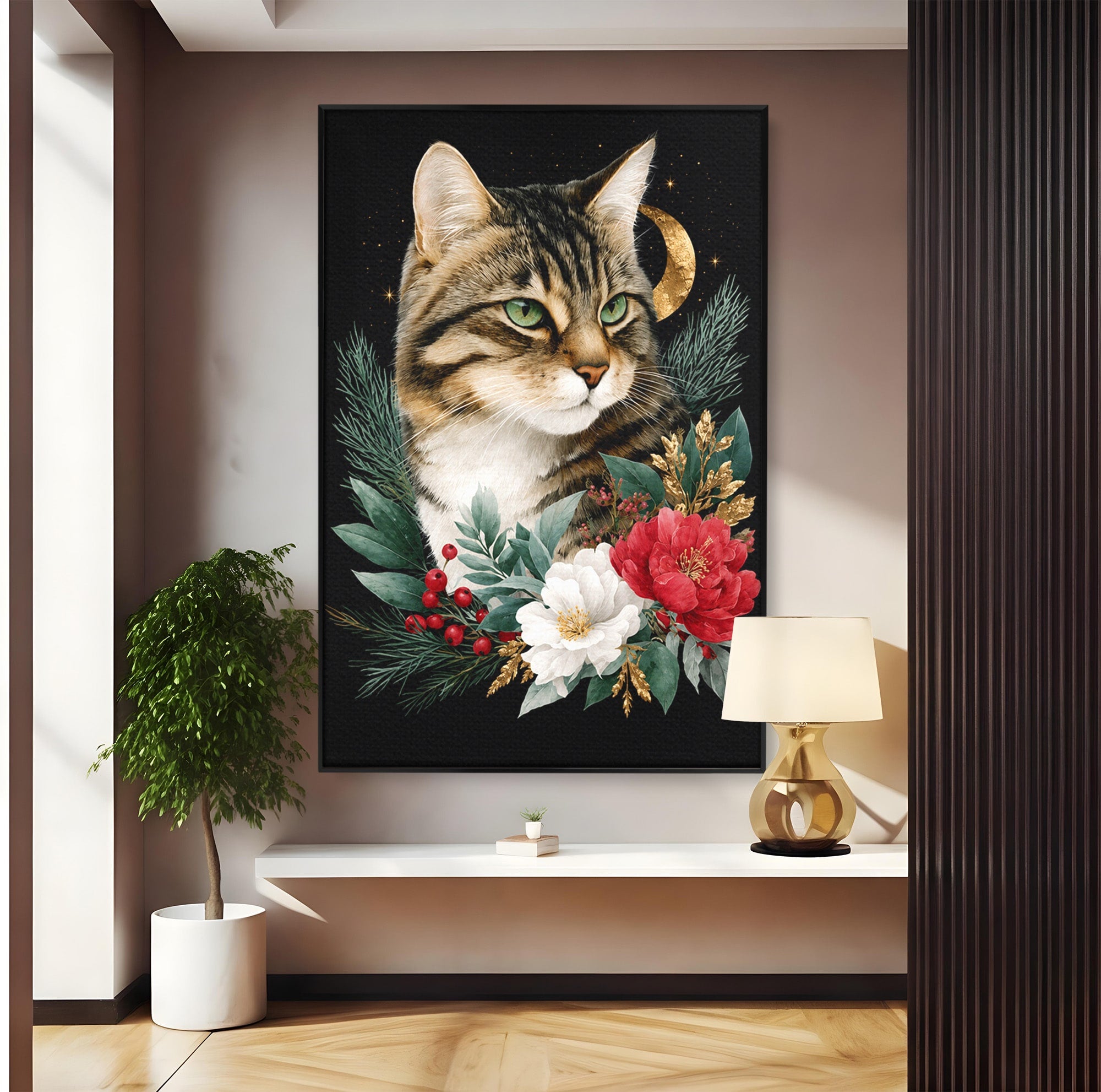 Tablou Canvas Premium LuxCanva® M1590, Pisica Sub Luna, Pisica, Luna, Flori, Natura, Living, Culori Vibrante