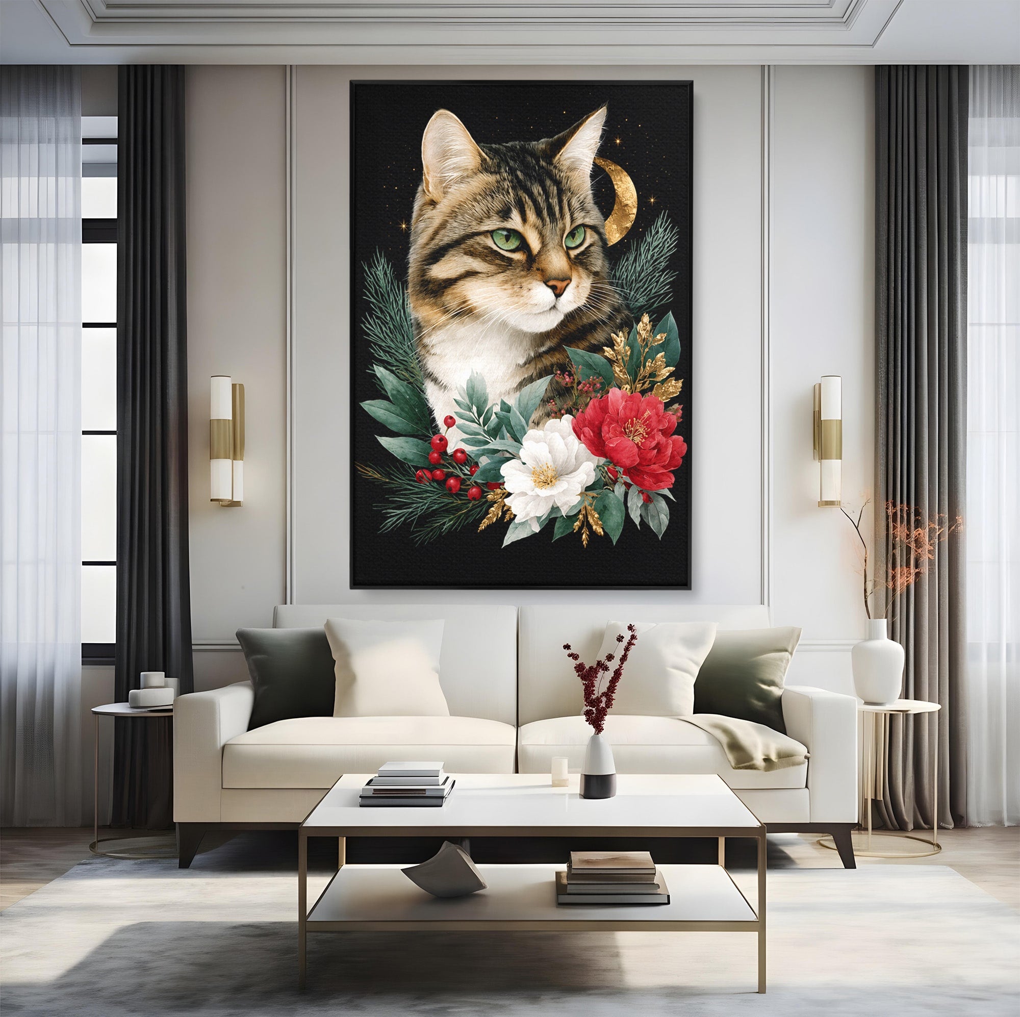 Tablou Canvas Premium LuxCanva® M1590, Pisica Sub Luna, Pisica, Luna, Flori, Natura, Living, Culori Vibrante