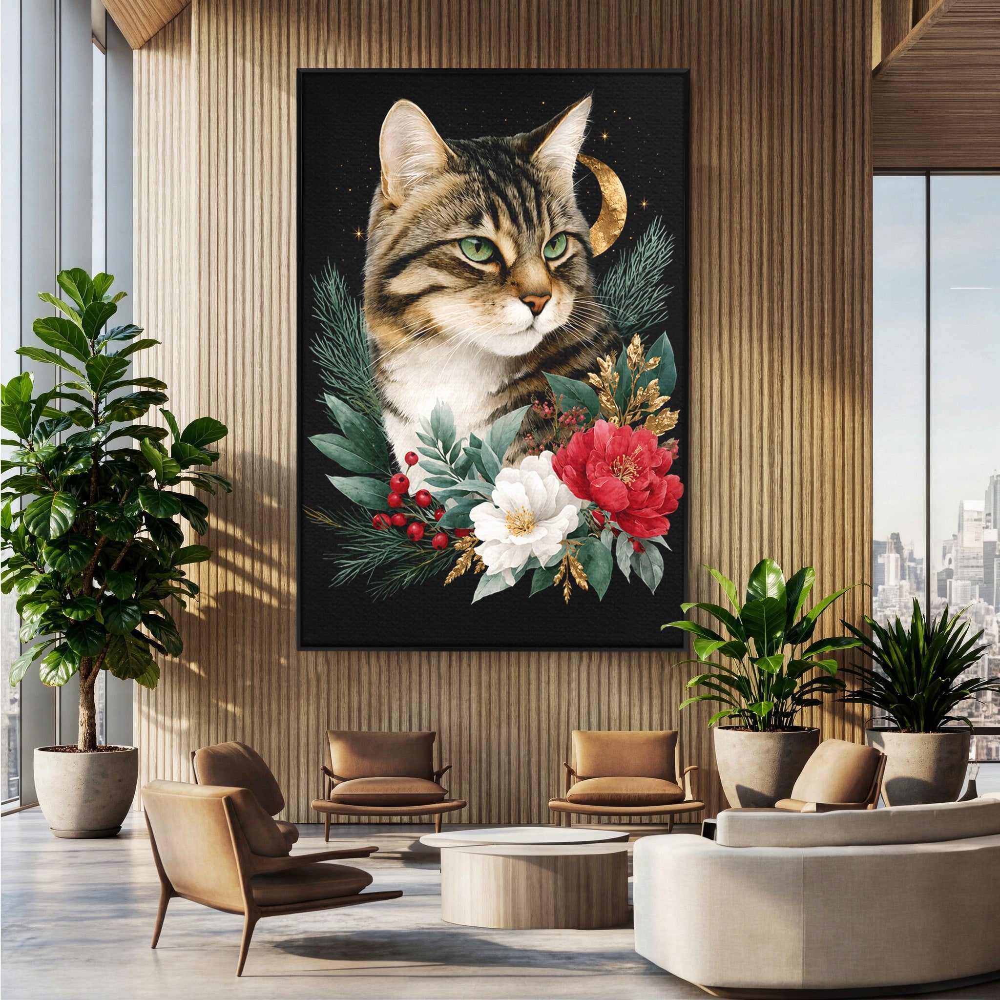 Tablou Canvas Premium LuxCanva® M1590, Pisica Sub Luna, Pisica, Luna, Flori, Natura, Living, Culori Vibrante