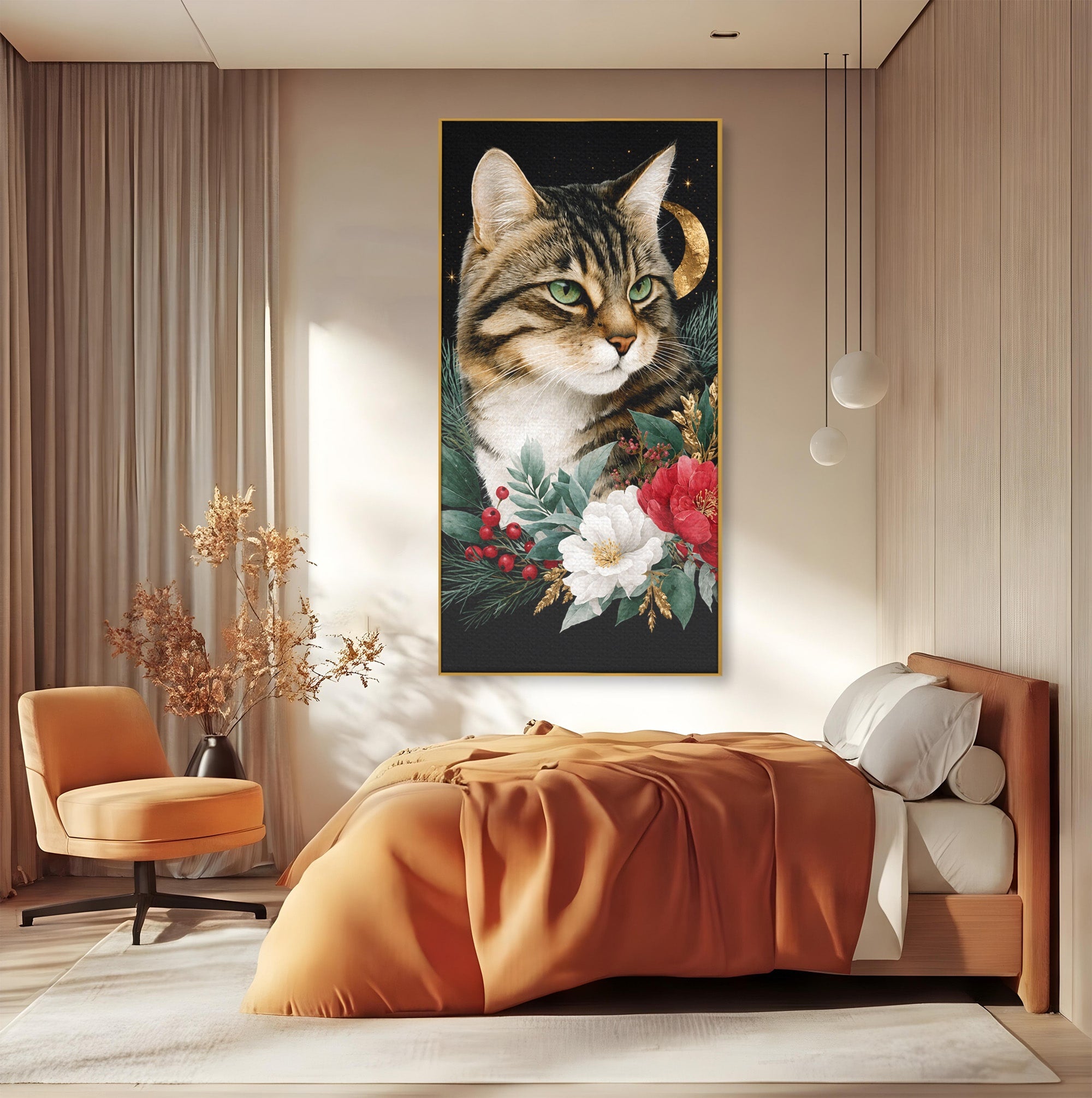 Tablou Canvas Premium LuxCanva® M1590, Pisica Sub Luna, Pisica, Luna, Flori, Natura, Living, Culori Vibrante