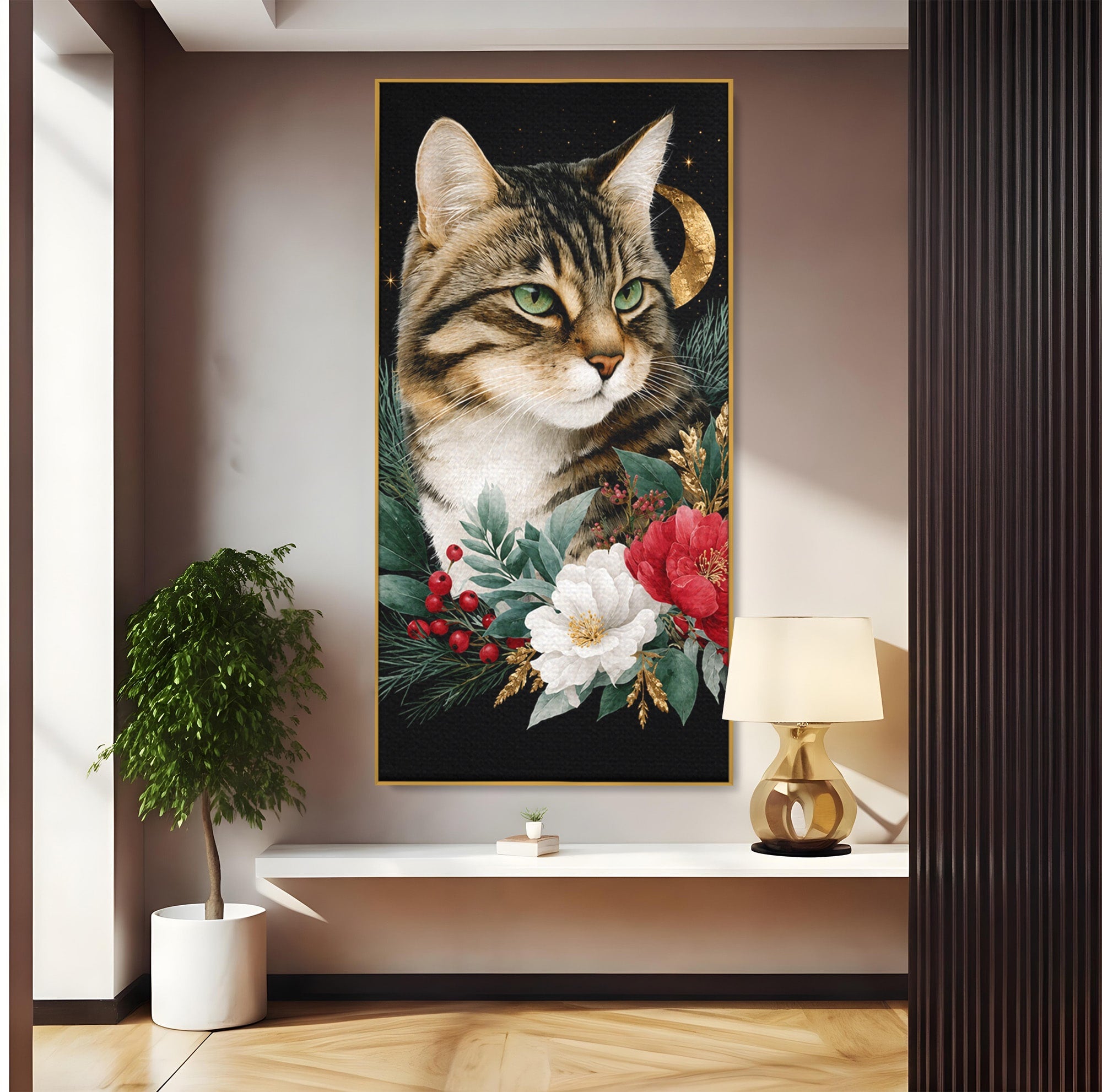 Tablou Canvas Premium LuxCanva® M1590, Pisica Sub Luna, Pisica, Luna, Flori, Natura, Living, Culori Vibrante