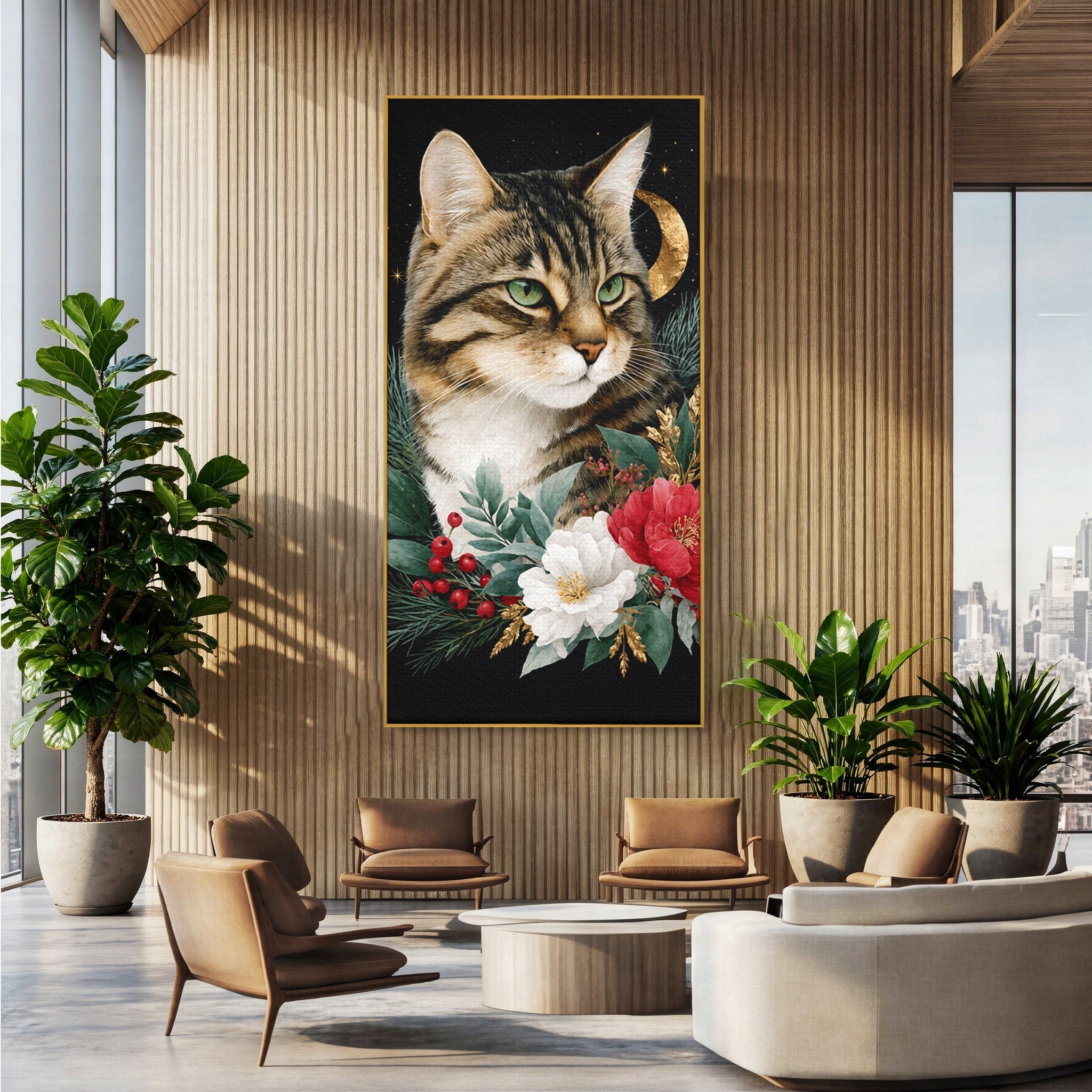 Tablou Canvas Premium LuxCanva® M1590, Pisica Sub Luna, Pisica, Luna, Flori, Natura, Living, Culori Vibrante