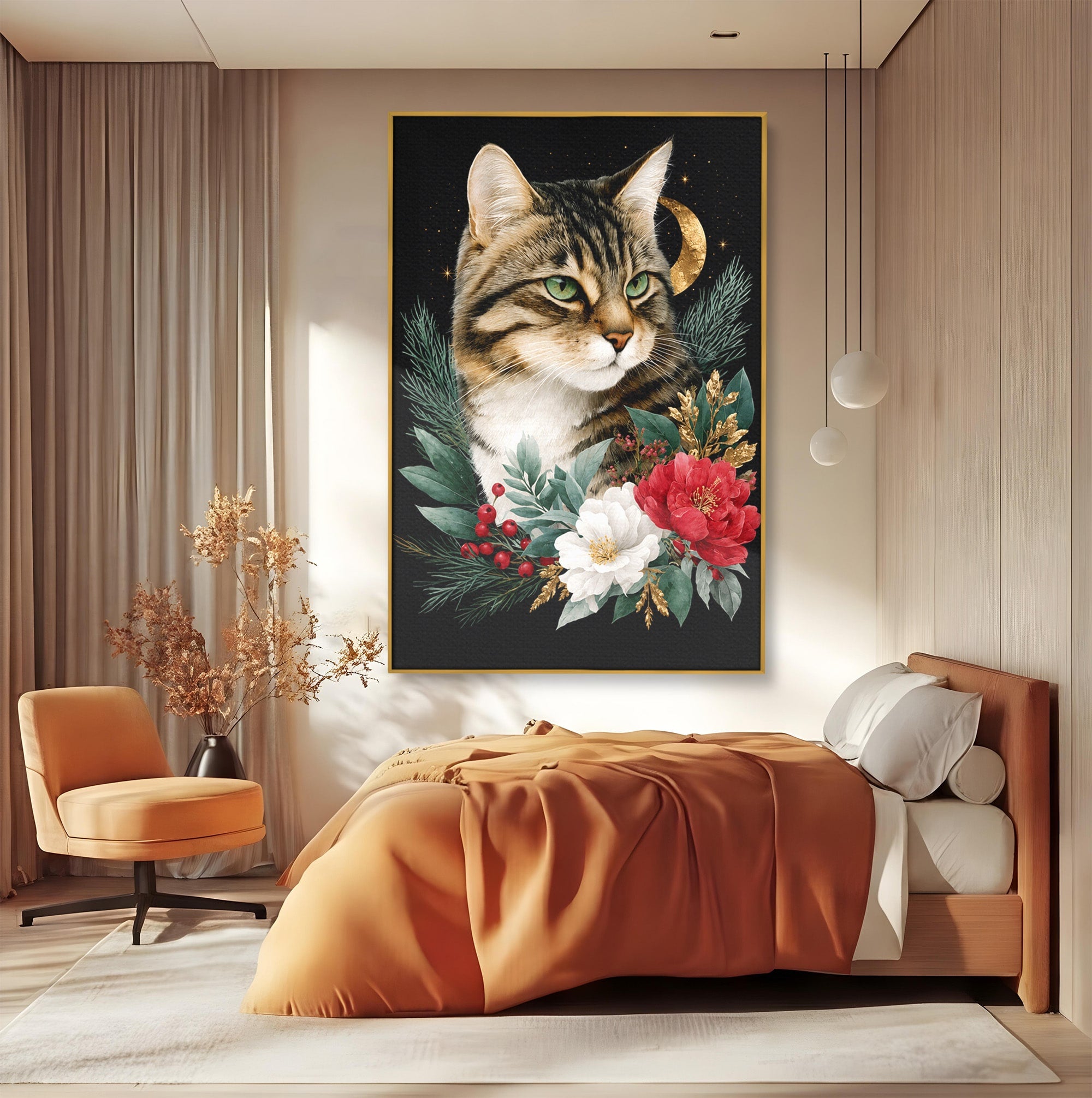 Tablou Canvas Premium LuxCanva® M1590, Pisica Sub Luna, Pisica, Luna, Flori, Natura, Living, Culori Vibrante