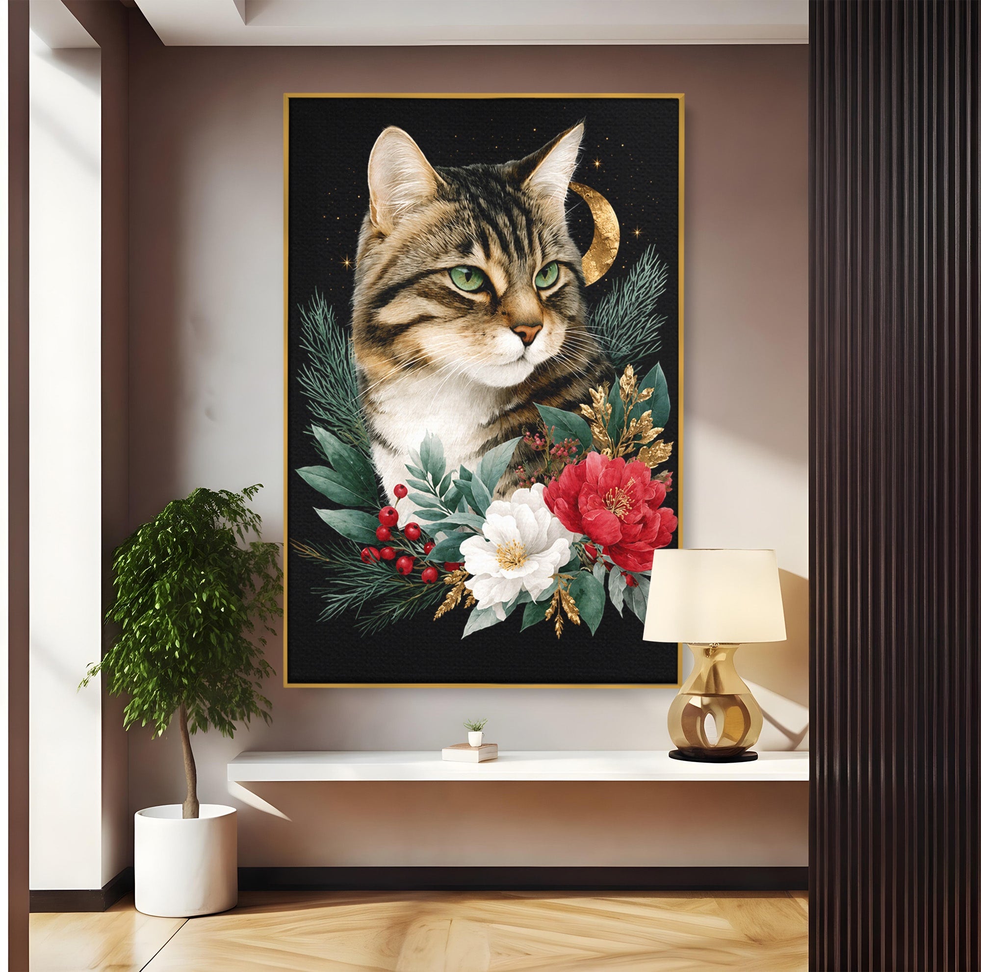 Tablou Canvas Premium LuxCanva® M1590, Pisica Sub Luna, Pisica, Luna, Flori, Natura, Living, Culori Vibrante