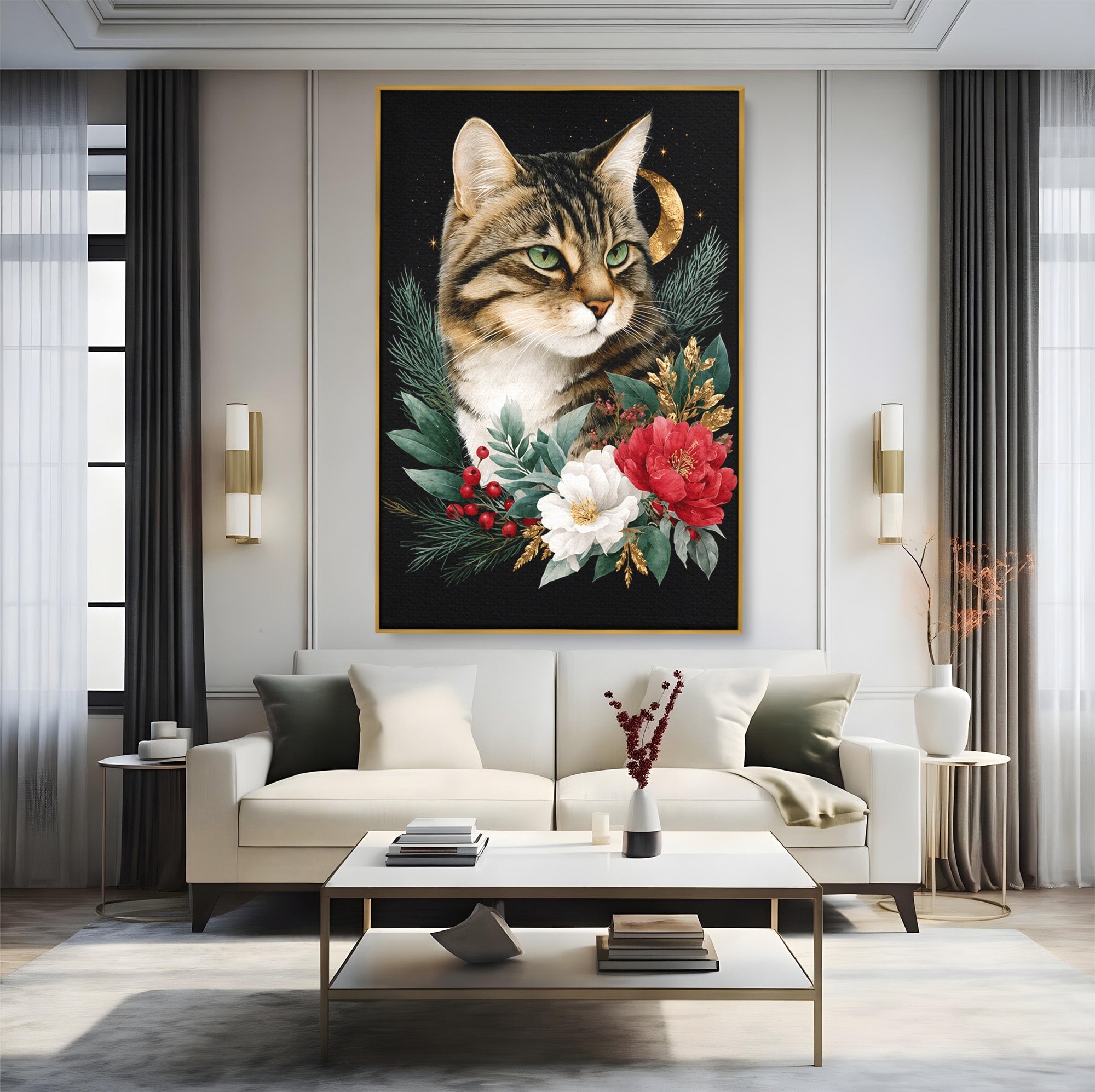 Tablou Canvas Premium LuxCanva® M1590, Pisica Sub Luna, Pisica, Luna, Flori, Natura, Living, Culori Vibrante