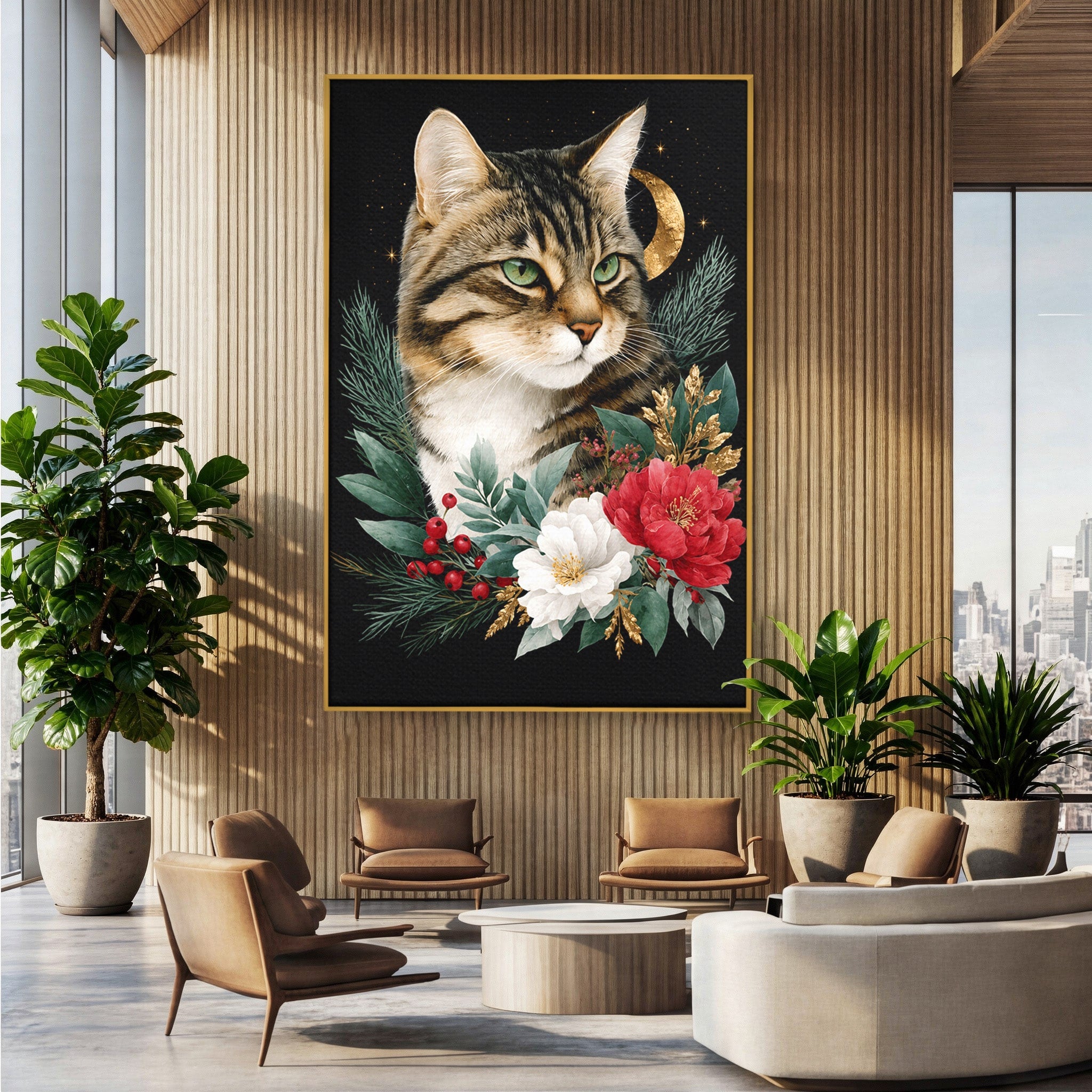 Tablou Canvas Premium LuxCanva® M1590, Pisica Sub Luna, Pisica, Luna, Flori, Natura, Living, Culori Vibrante