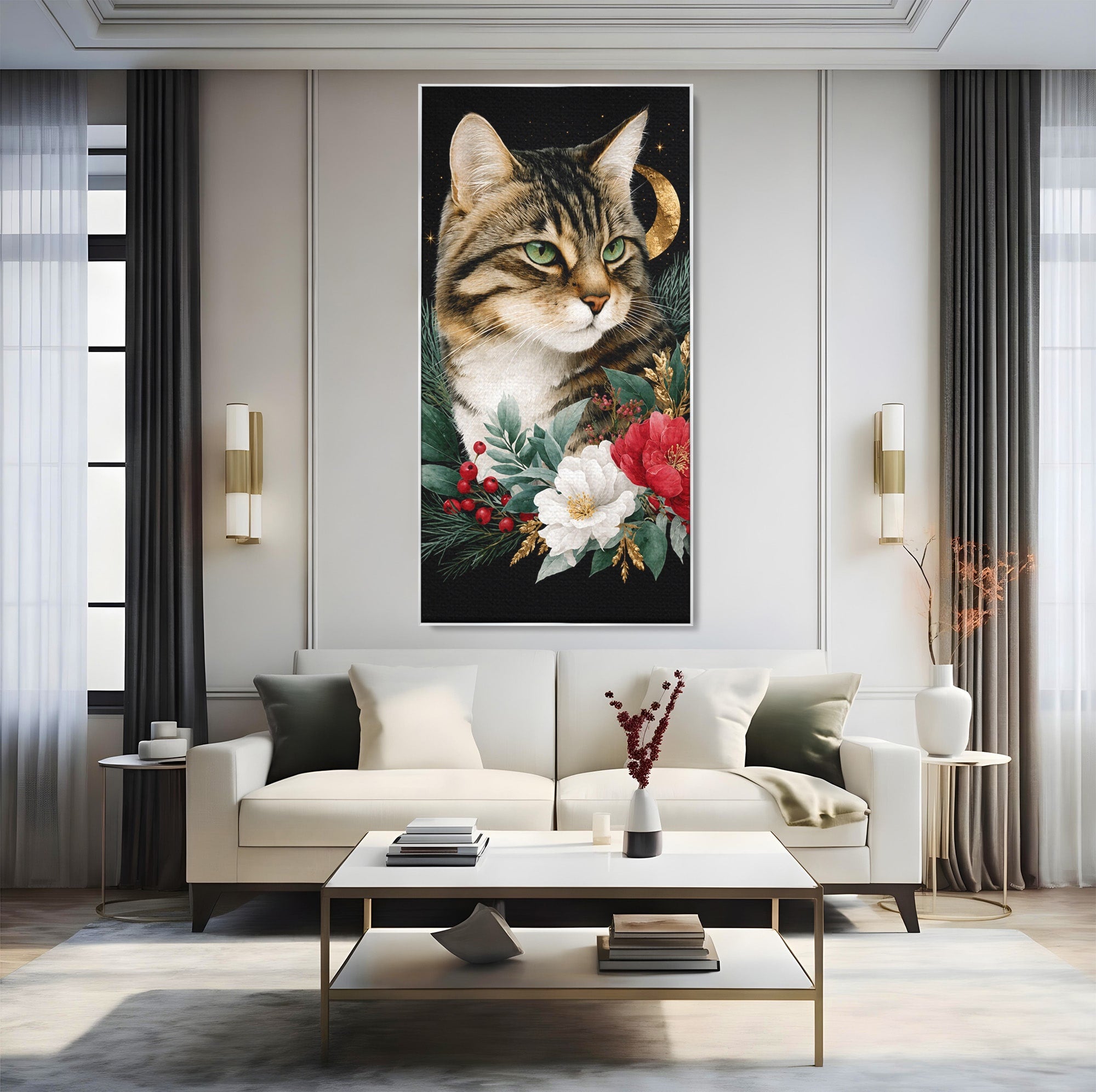 Tablou Canvas Premium LuxCanva® M1590, Pisica Sub Luna, Pisica, Luna, Flori, Natura, Living, Culori Vibrante