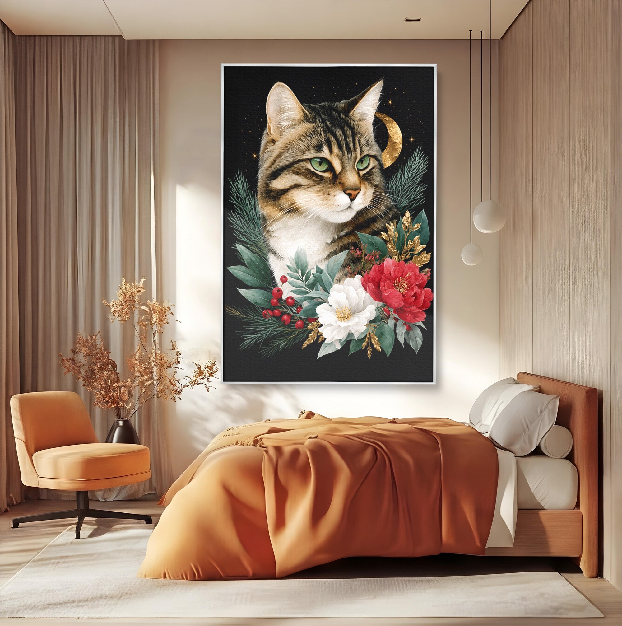 Tablou Canvas Premium LuxCanva® M1590, Pisica Sub Luna, Pisica, Luna, Flori, Natura, Living, Culori Vibrante