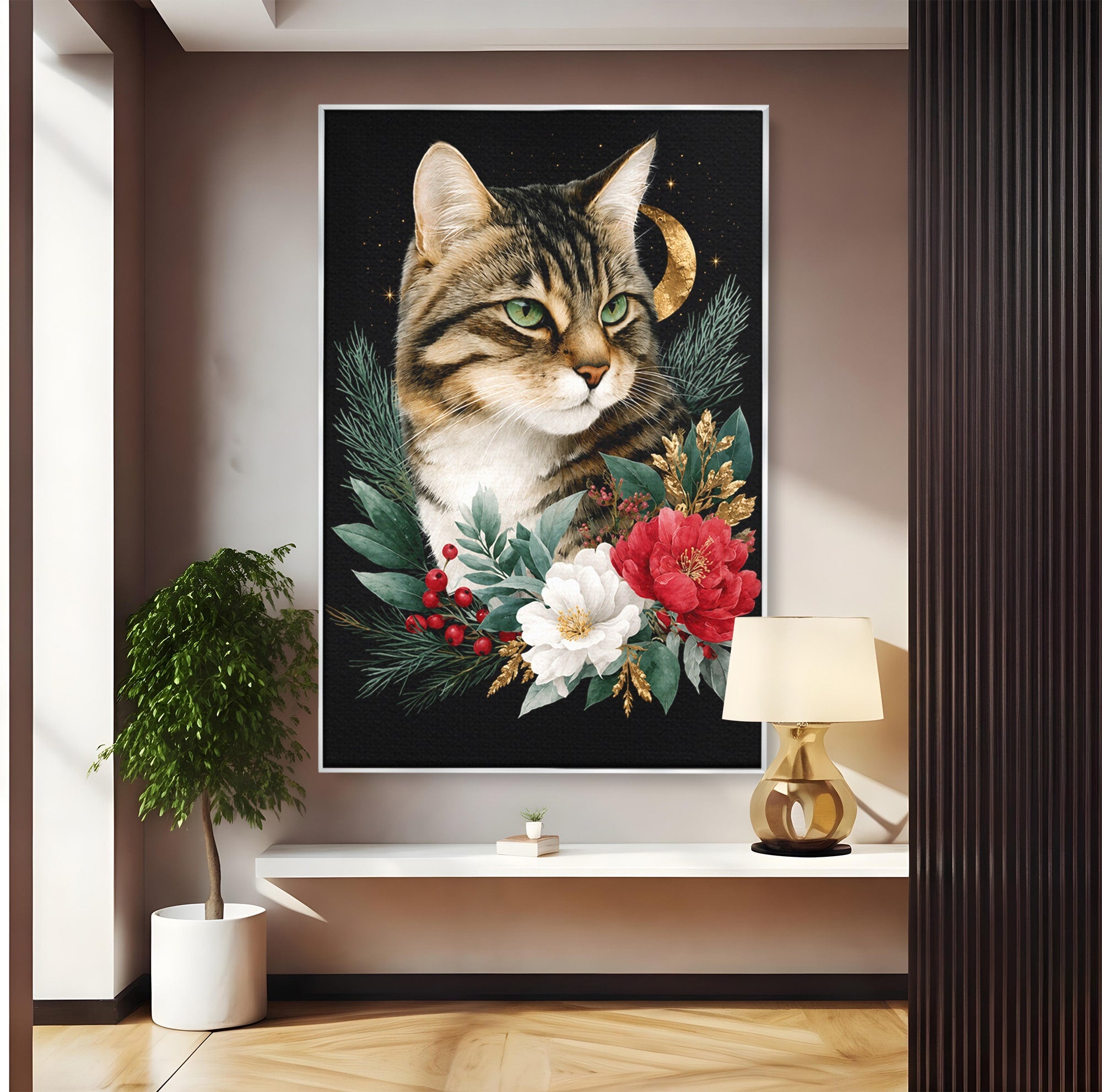 Tablou Canvas Premium LuxCanva® M1590, Pisica Sub Luna, Pisica, Luna, Flori, Natura, Living, Culori Vibrante