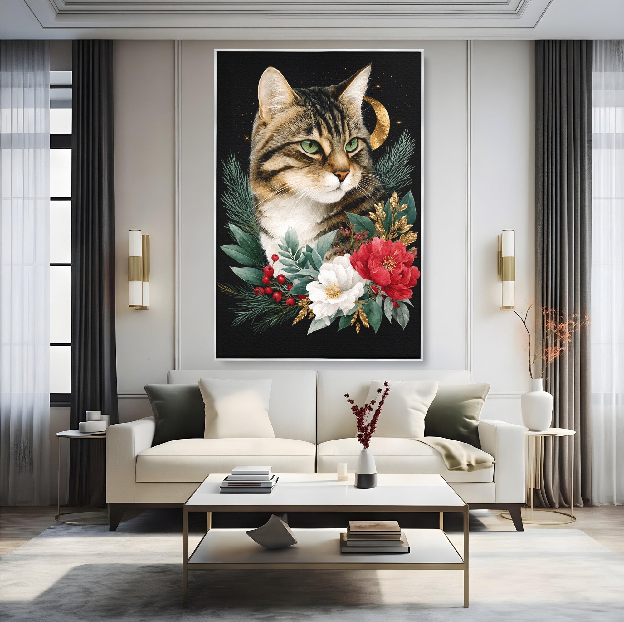 Tablou Canvas Premium LuxCanva® M1590, Pisica Sub Luna, Pisica, Luna, Flori, Natura, Living, Culori Vibrante