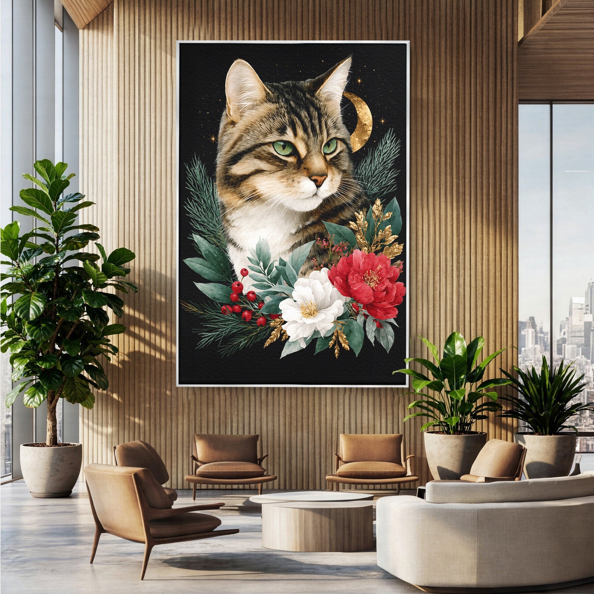 Tablou Canvas Premium LuxCanva® M1590, Pisica Sub Luna, Pisica, Luna, Flori, Natura, Living, Culori Vibrante
