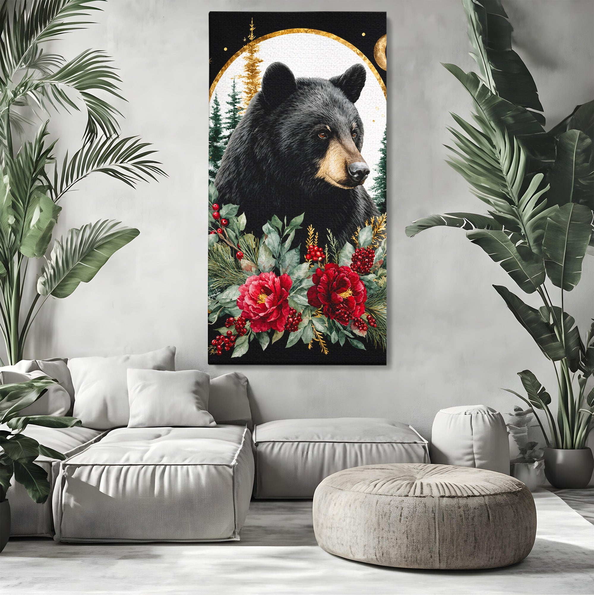 Tablou Canvas Premium LuxCanva® M1591, Ursul Nocturn, Urs, Noapte, Natura, Flori, Living, Culori Vibrante