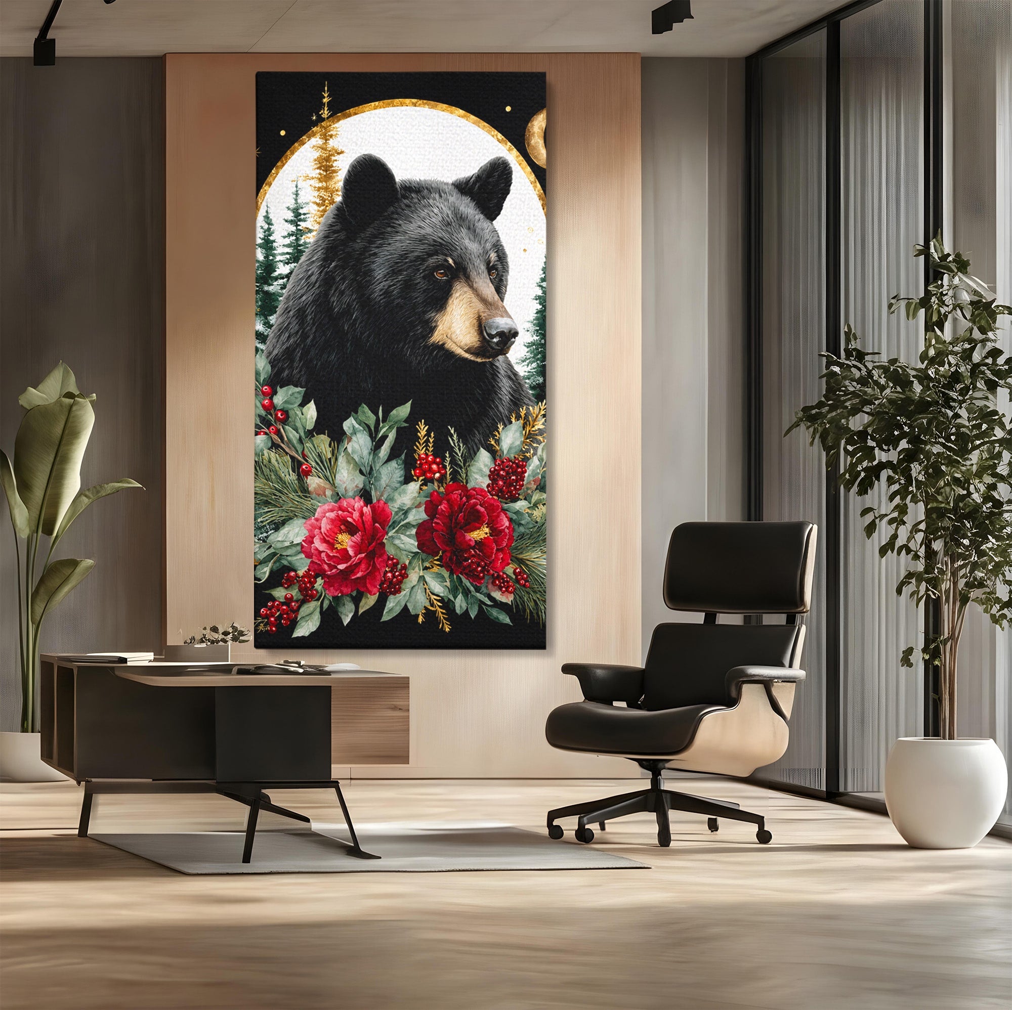 Tablou Canvas Premium LuxCanva® M1591, Ursul Nocturn, Urs, Noapte, Natura, Flori, Living, Culori Vibrante