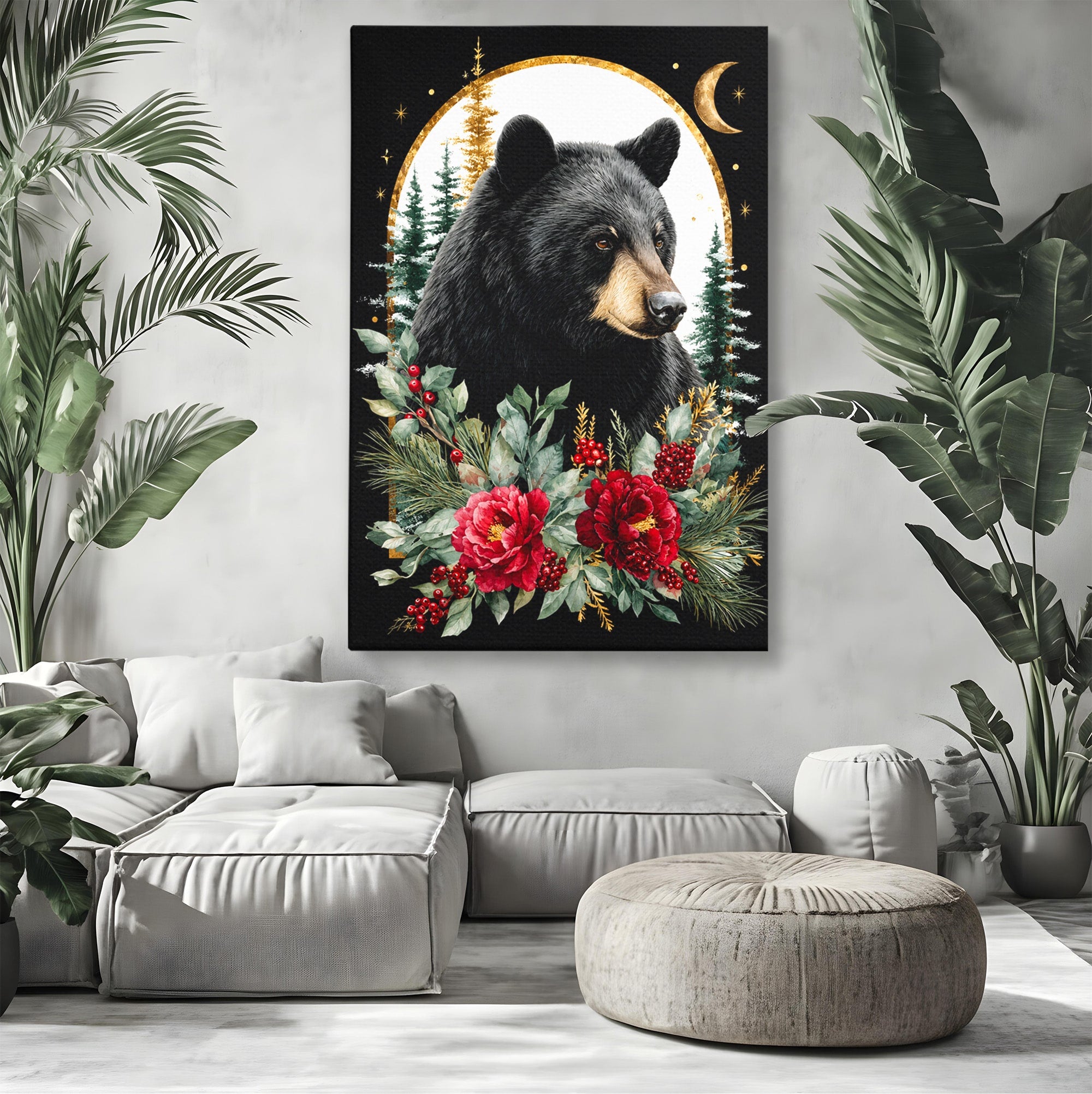 Tablou Canvas Premium LuxCanva® M1591, Ursul Nocturn, Urs, Noapte, Natura, Flori, Living, Culori Vibrante