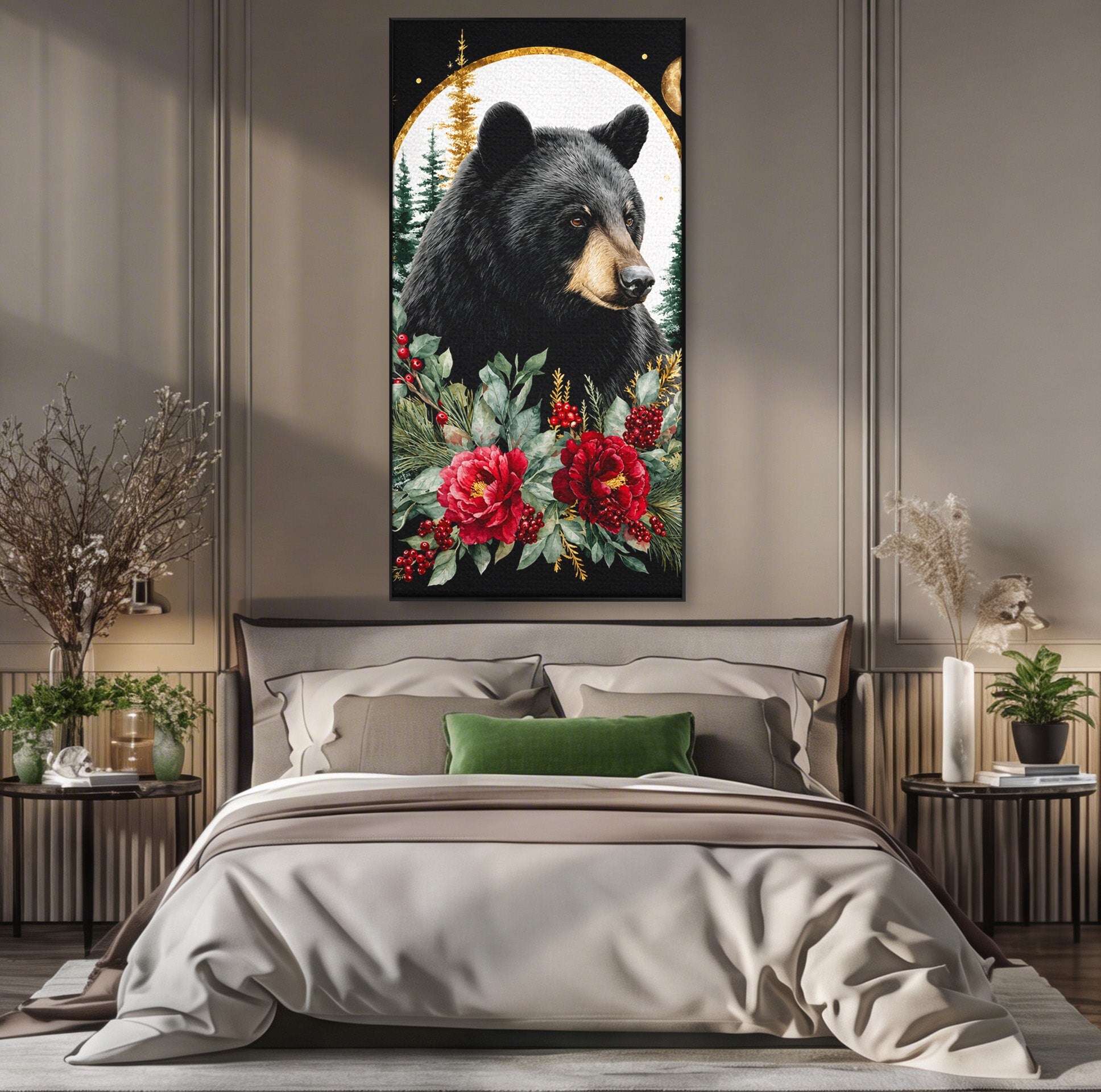 Tablou Canvas Premium LuxCanva® M1591, Ursul Nocturn, Urs, Noapte, Natura, Flori, Living, Culori Vibrante