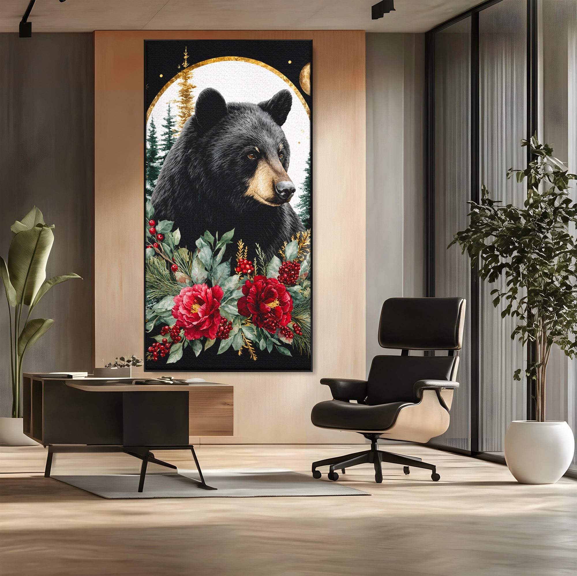 Tablou Canvas Premium LuxCanva® M1591, Ursul Nocturn, Urs, Noapte, Natura, Flori, Living, Culori Vibrante