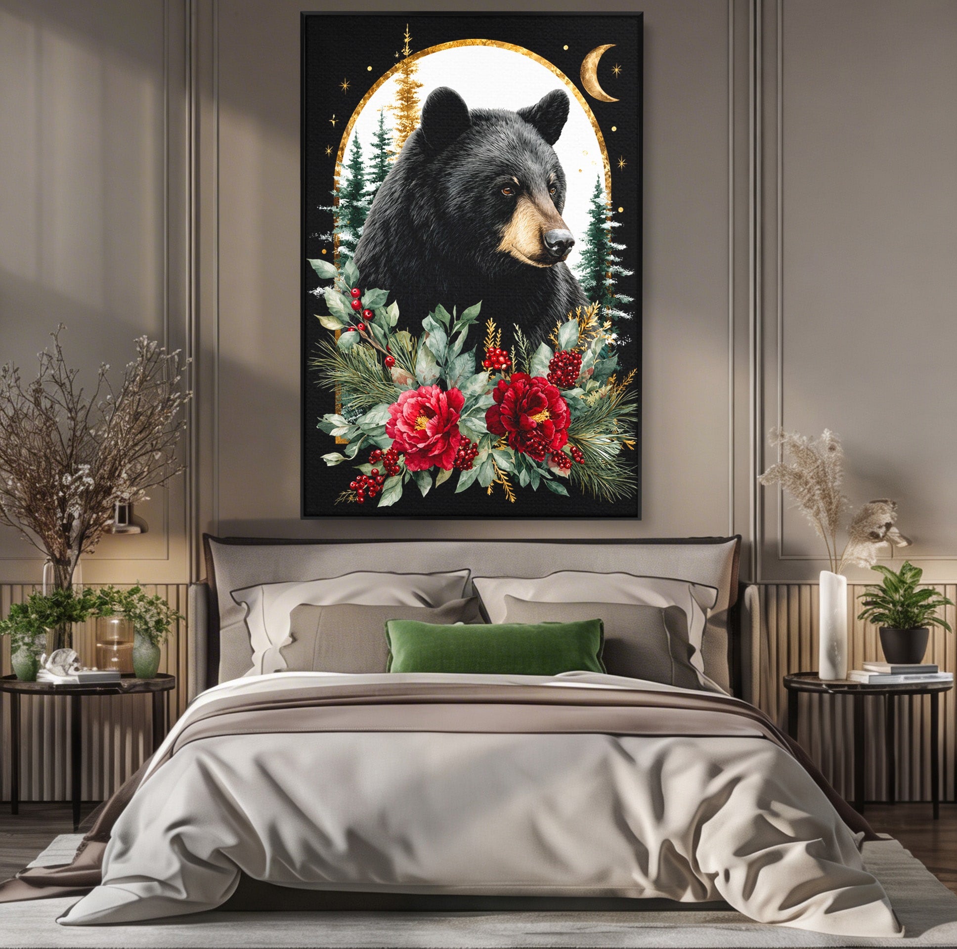 Tablou Canvas Premium LuxCanva® M1591, Ursul Nocturn, Urs, Noapte, Natura, Flori, Living, Culori Vibrante