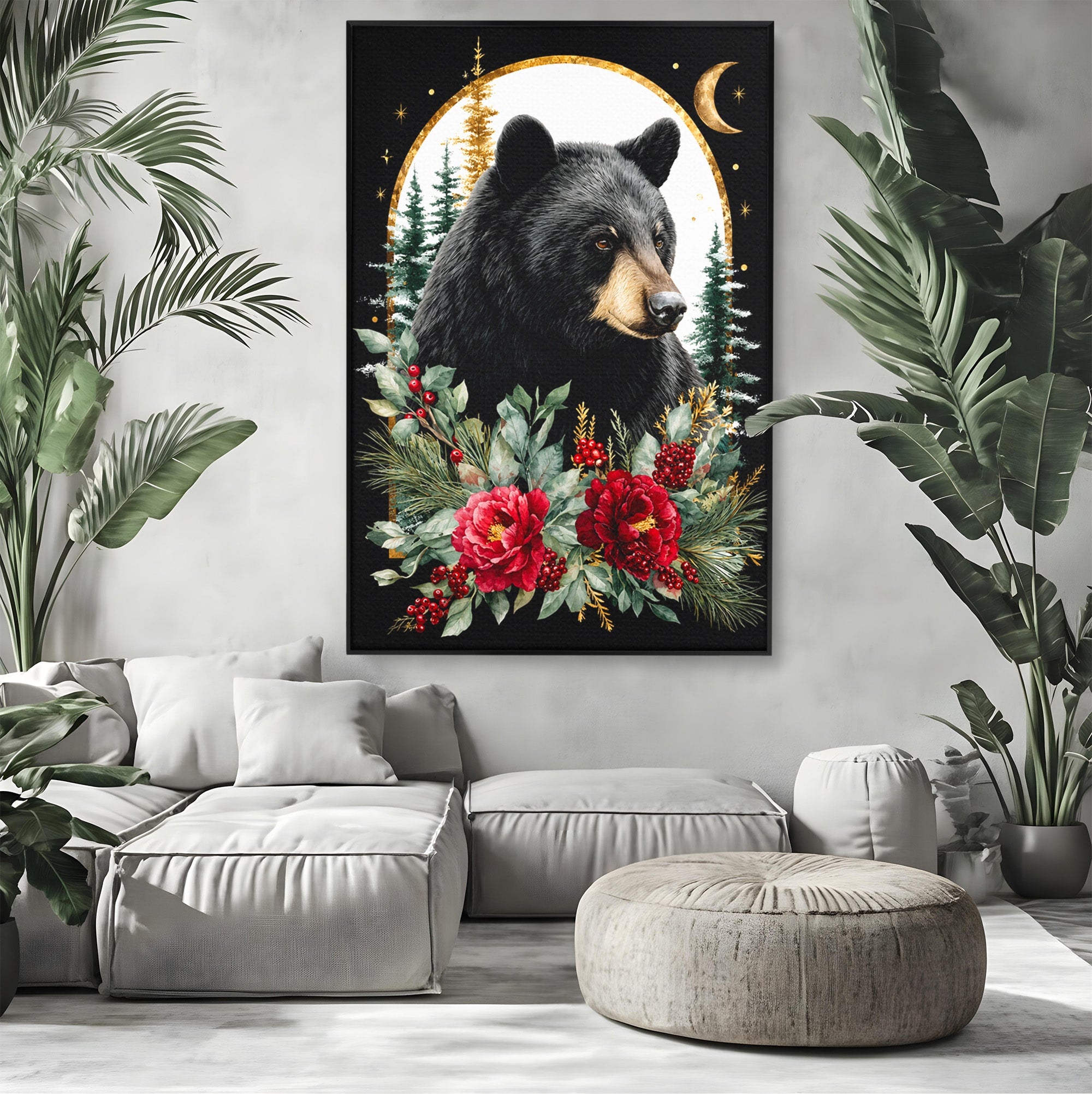Tablou Canvas Premium LuxCanva® M1591, Ursul Nocturn, Urs, Noapte, Natura, Flori, Living, Culori Vibrante