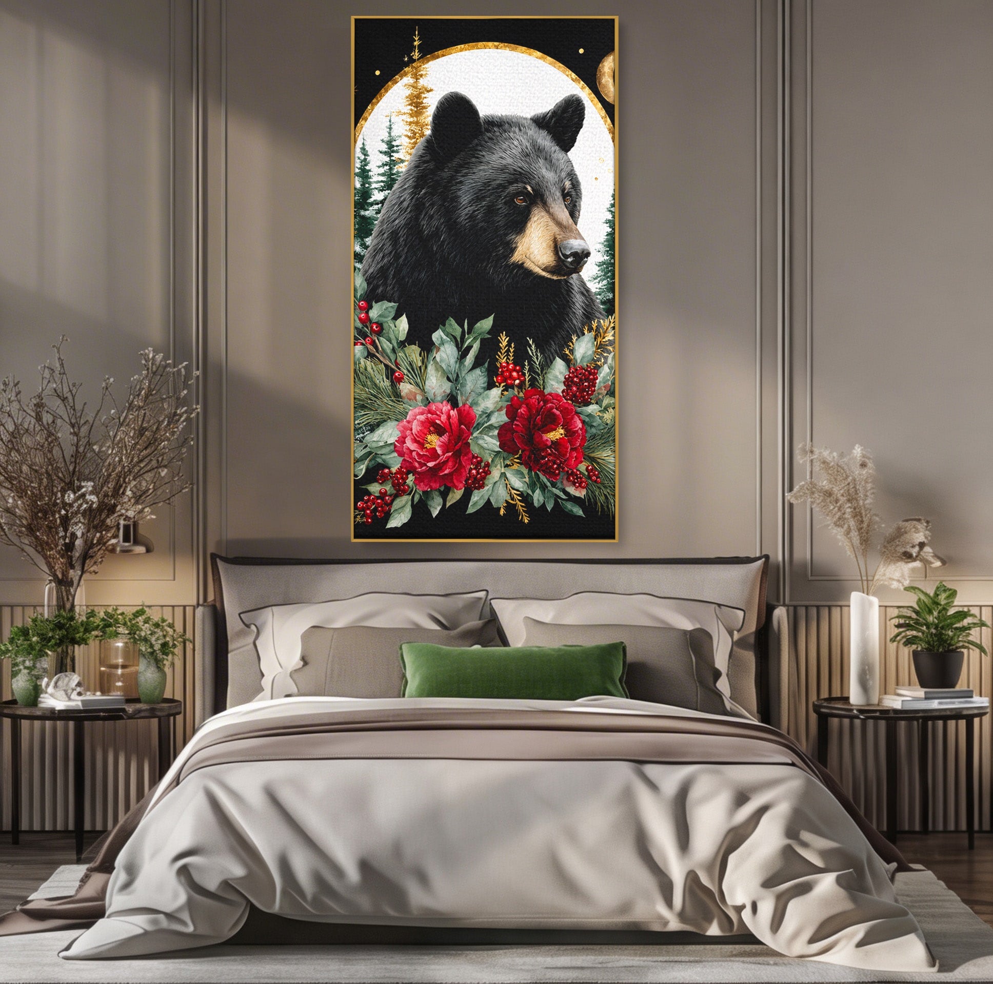 Tablou Canvas Premium LuxCanva® M1591, Ursul Nocturn, Urs, Noapte, Natura, Flori, Living, Culori Vibrante