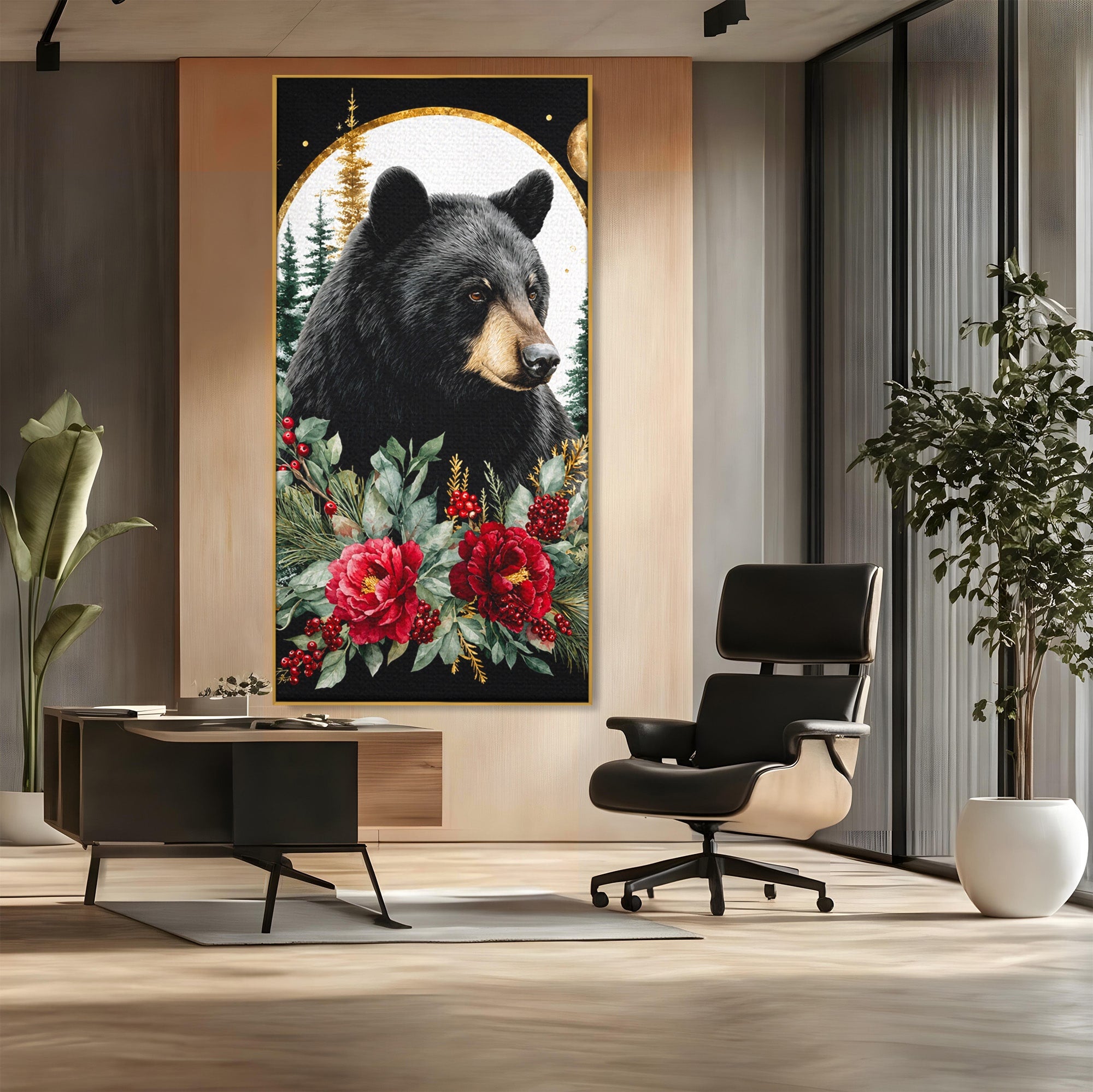 Tablou Canvas Premium LuxCanva® M1591, Ursul Nocturn, Urs, Noapte, Natura, Flori, Living, Culori Vibrante