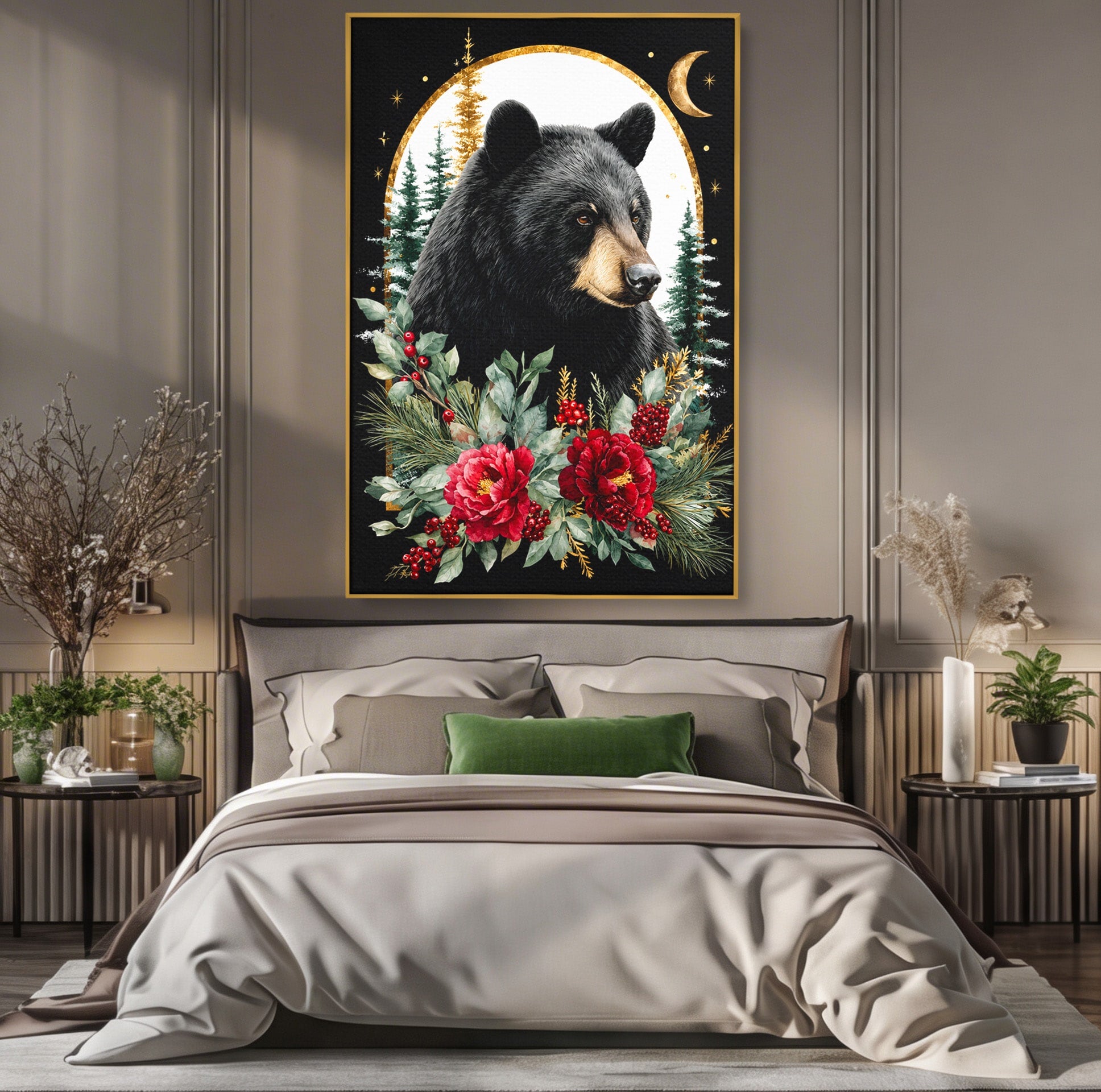 Tablou Canvas Premium LuxCanva® M1591, Ursul Nocturn, Urs, Noapte, Natura, Flori, Living, Culori Vibrante