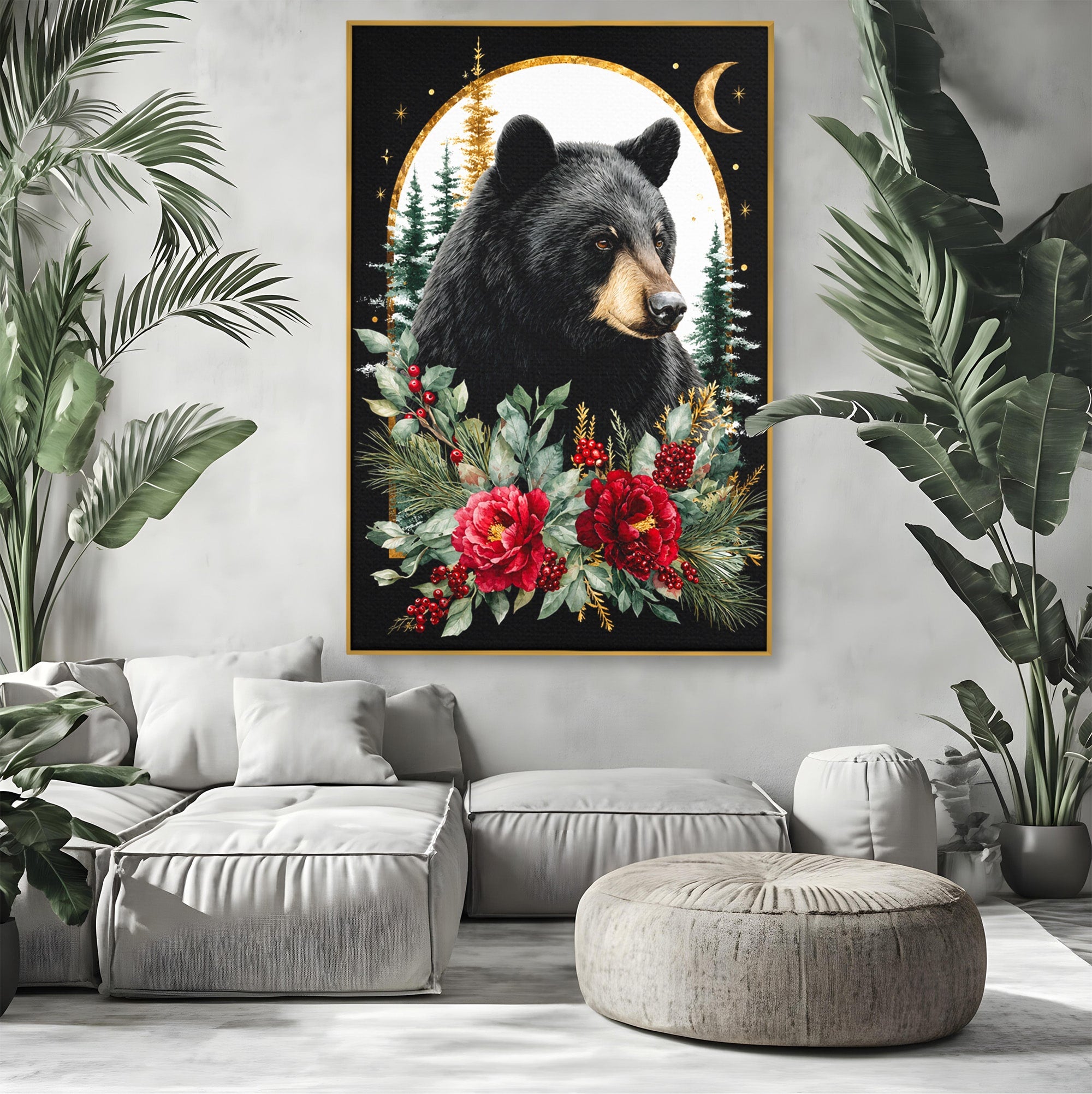 Tablou Canvas Premium LuxCanva® M1591, Ursul Nocturn, Urs, Noapte, Natura, Flori, Living, Culori Vibrante
