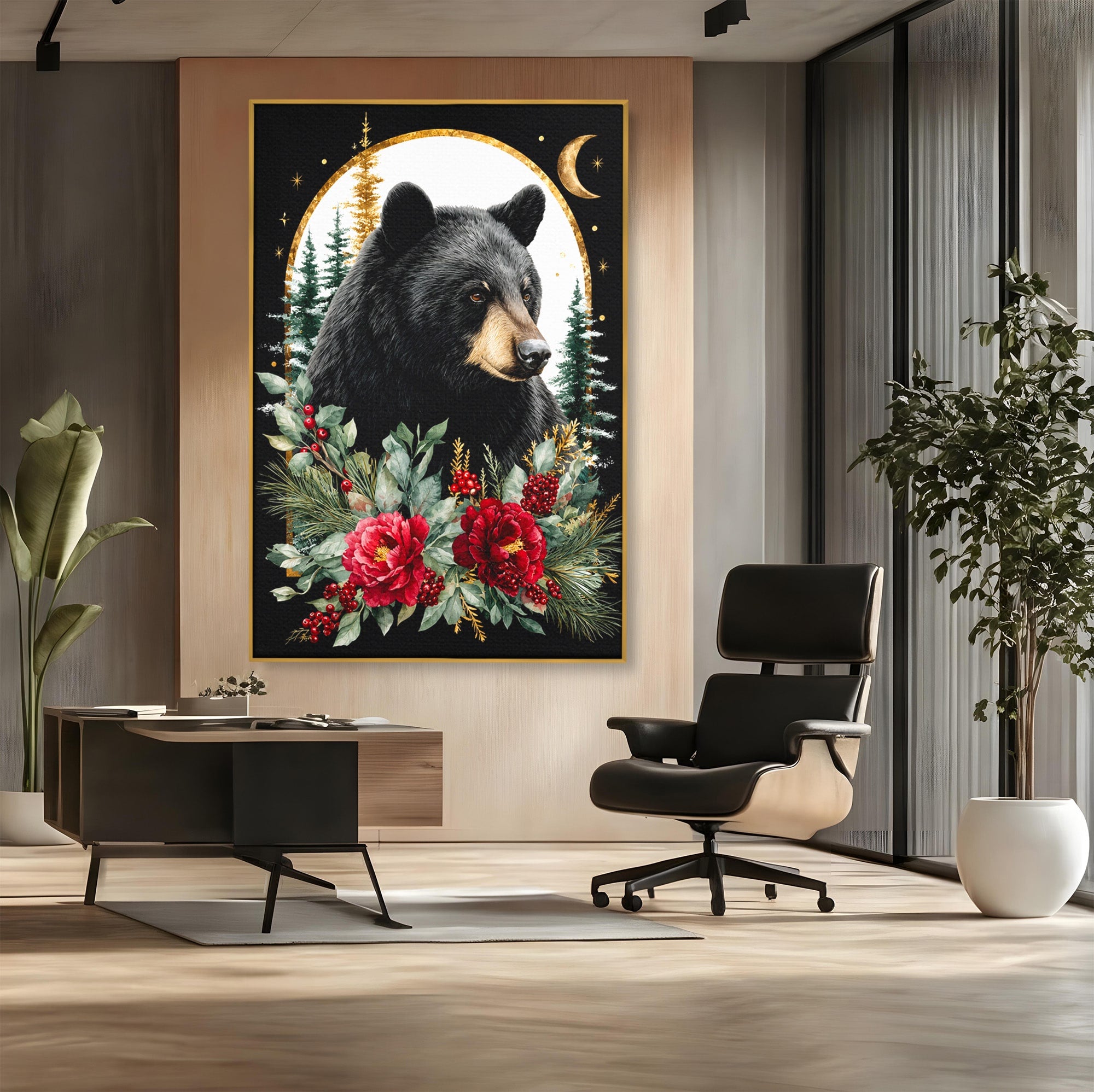 Tablou Canvas Premium LuxCanva® M1591, Ursul Nocturn, Urs, Noapte, Natura, Flori, Living, Culori Vibrante