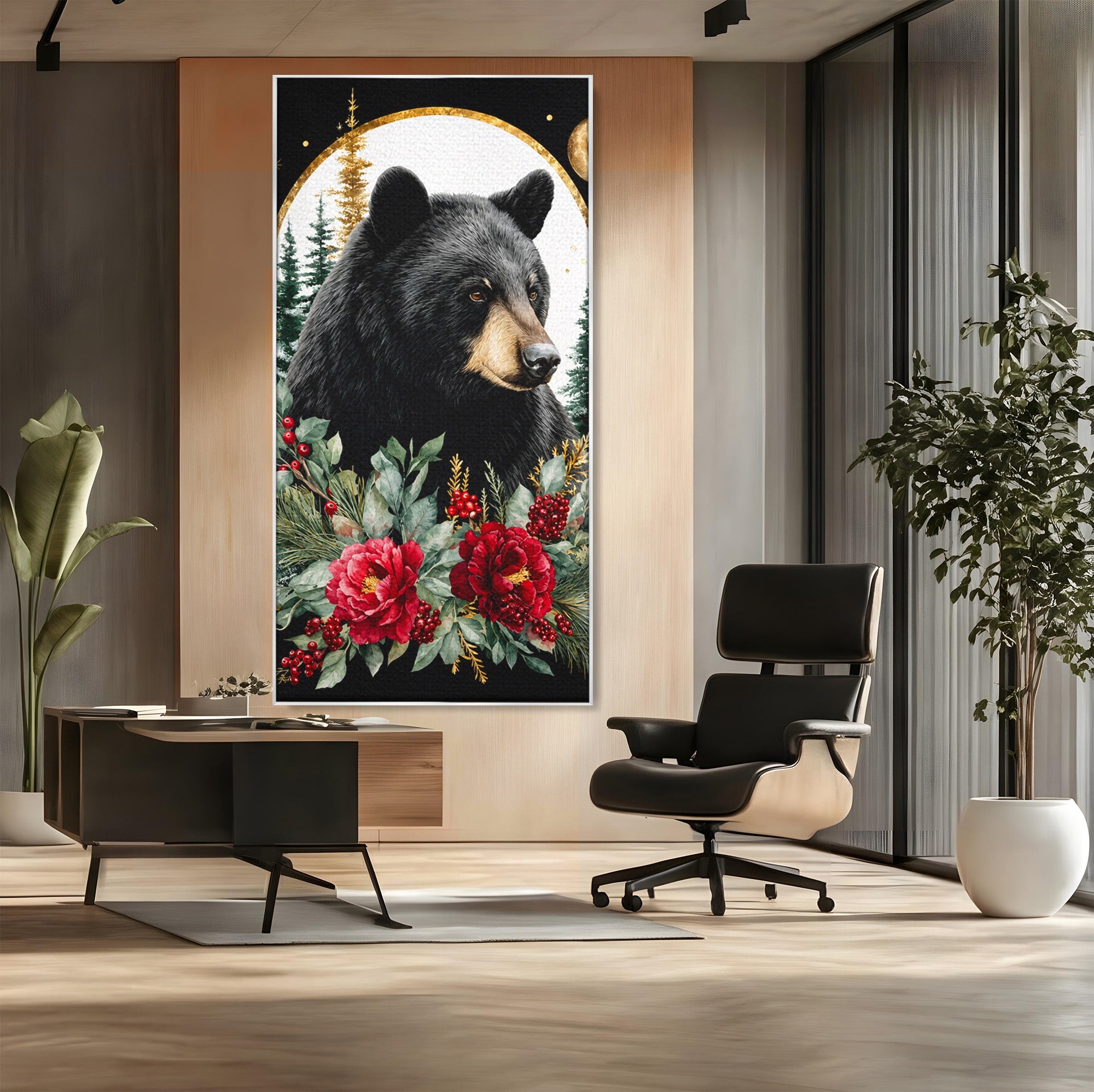 Tablou Canvas Premium LuxCanva® M1591, Ursul Nocturn, Urs, Noapte, Natura, Flori, Living, Culori Vibrante