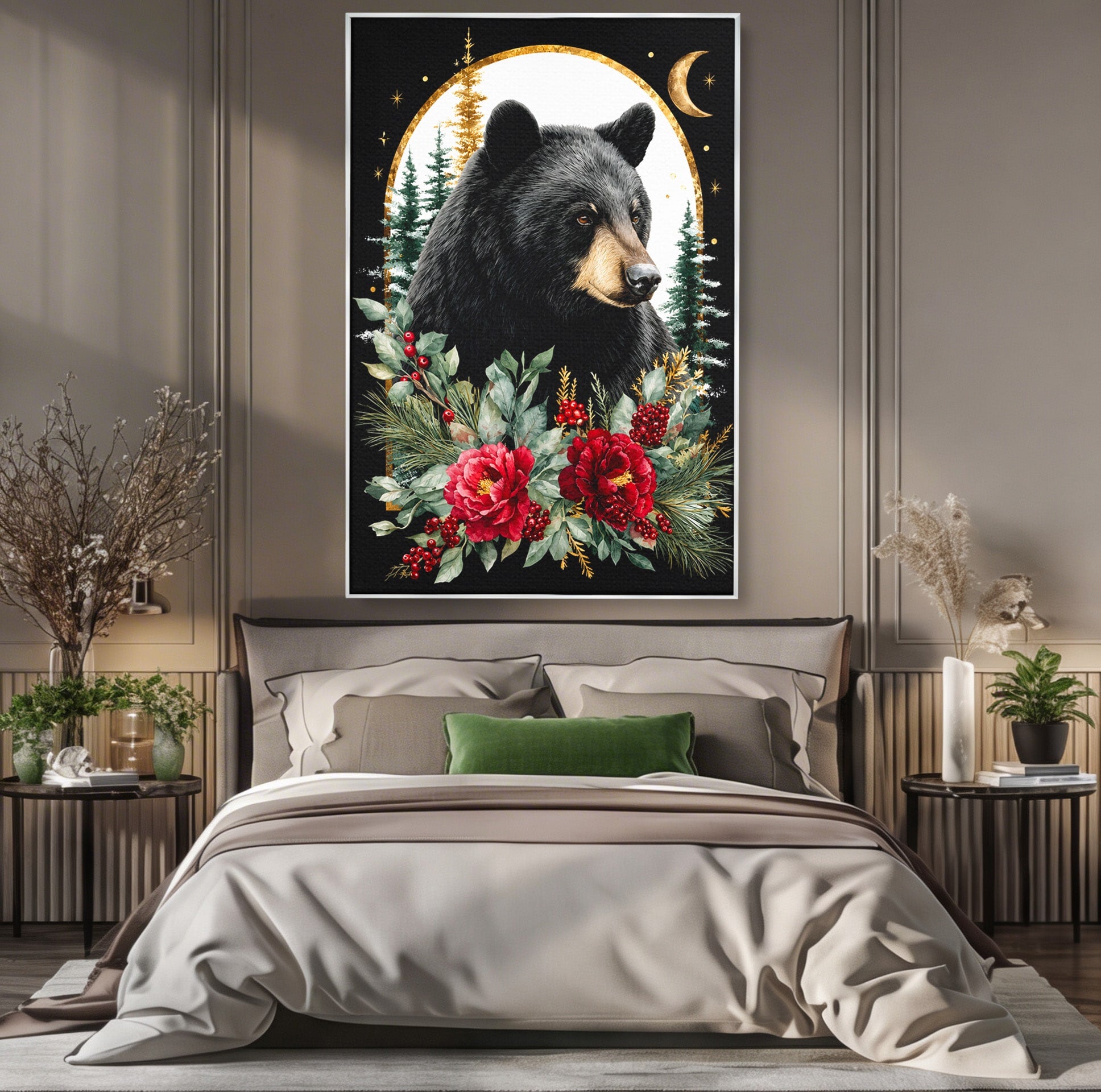 Tablou Canvas Premium LuxCanva® M1591, Ursul Nocturn, Urs, Noapte, Natura, Flori, Living, Culori Vibrante