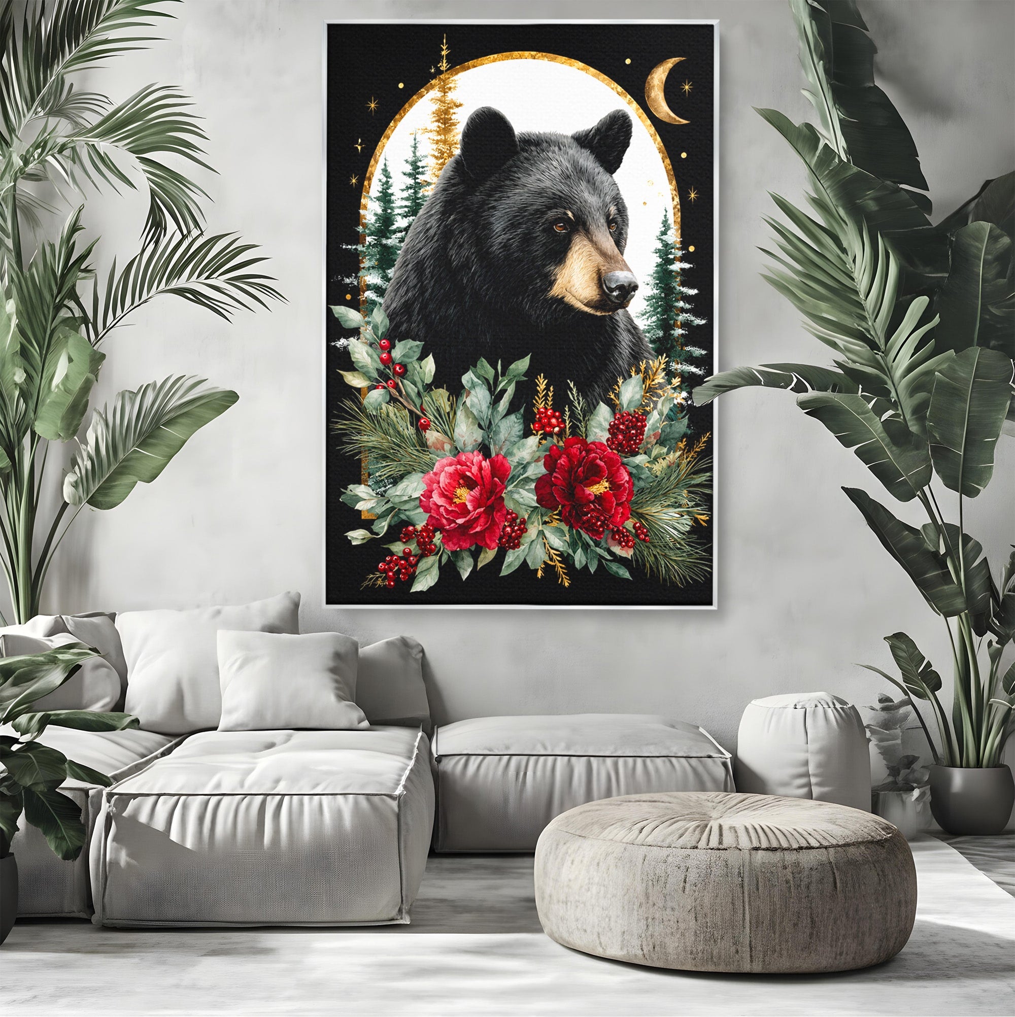Tablou Canvas Premium LuxCanva® M1591, Ursul Nocturn, Urs, Noapte, Natura, Flori, Living, Culori Vibrante