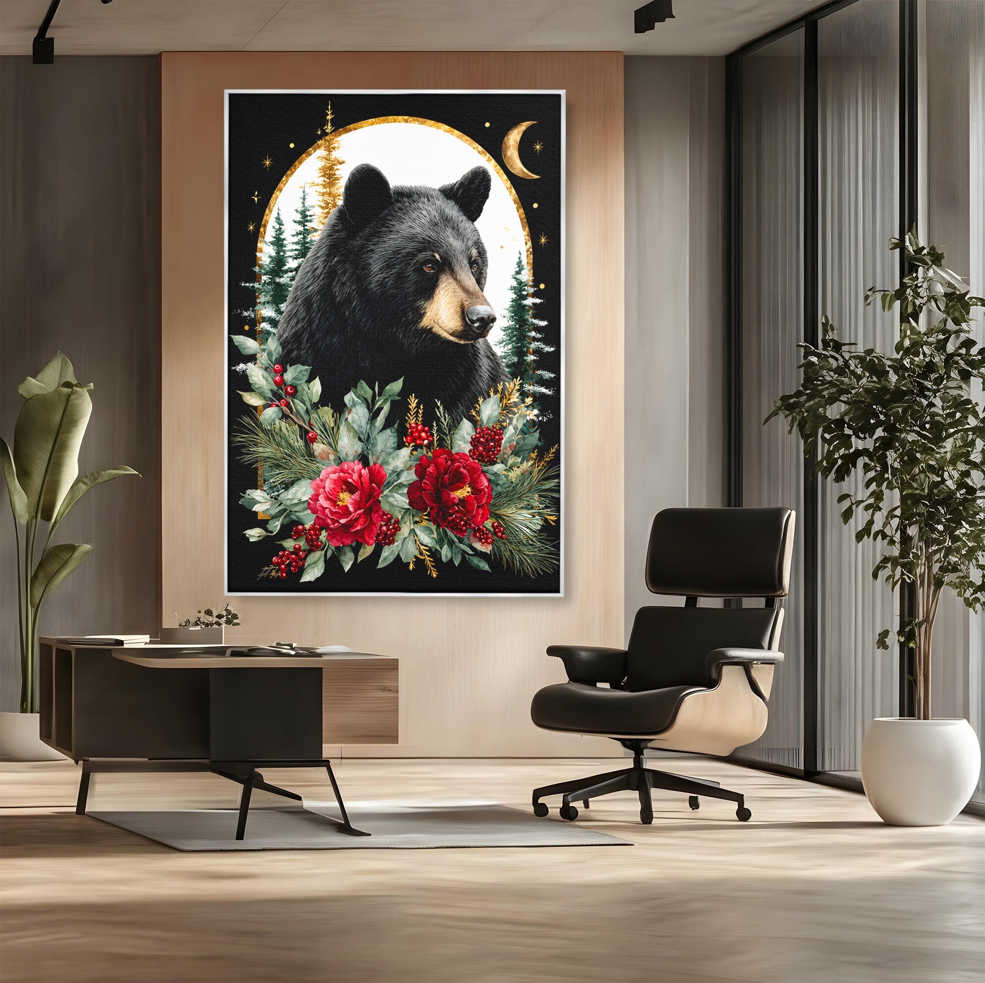 Tablou Canvas Premium LuxCanva® M1591, Ursul Nocturn, Urs, Noapte, Natura, Flori, Living, Culori Vibrante