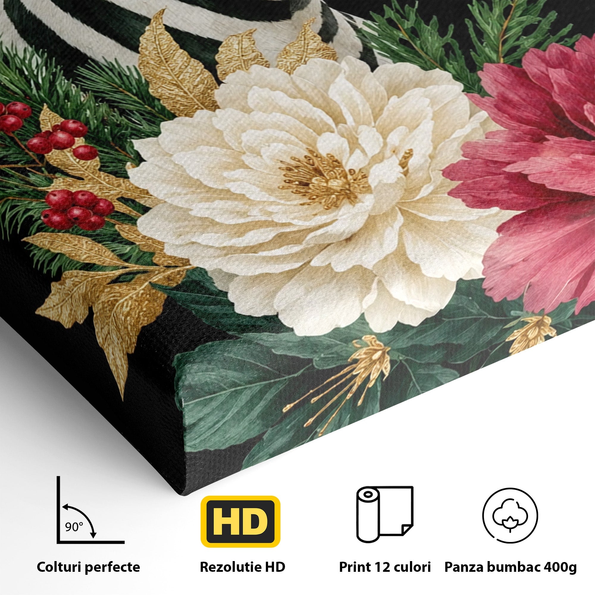 Tablou Canvas Premium LuxCanva® M1592, Zebra Cu Flori, Zebra, Flori, Natura, Decorativ, Living, Culori Vibrante