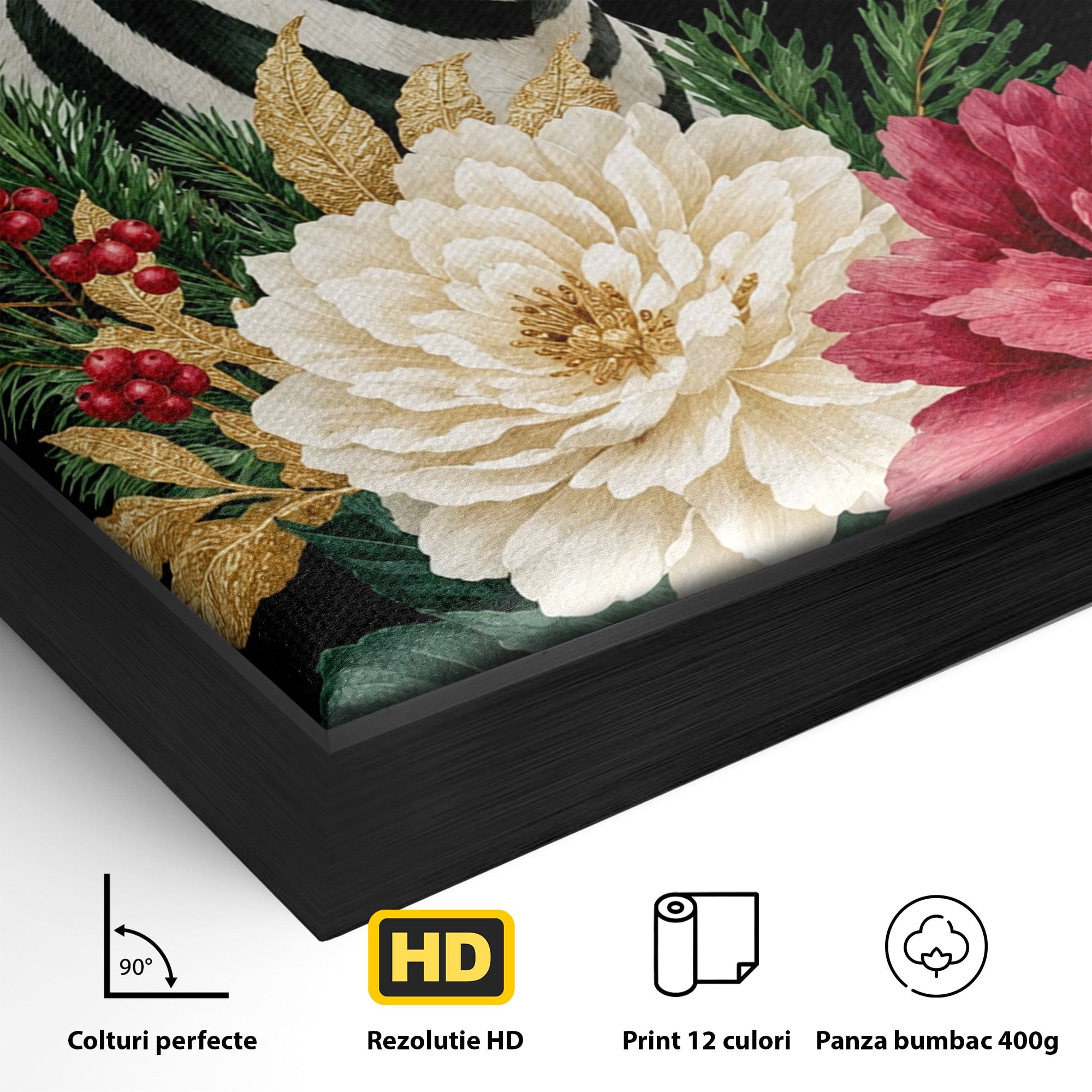 Tablou Canvas Premium LuxCanva® M1592, Zebra Cu Flori, Zebra, Flori, Natura, Decorativ, Living, Culori Vibrante