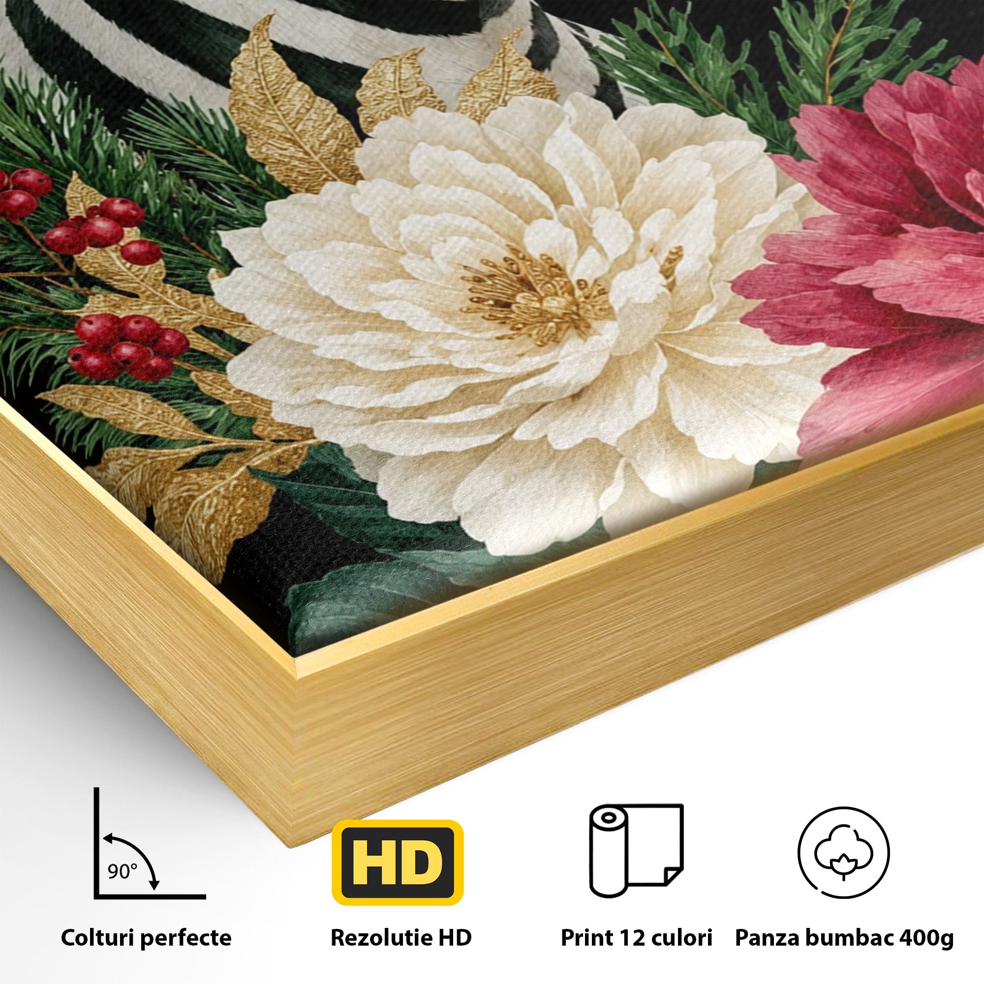 Tablou Canvas Premium LuxCanva® M1592, Zebra Cu Flori, Zebra, Flori, Natura, Decorativ, Living, Culori Vibrante