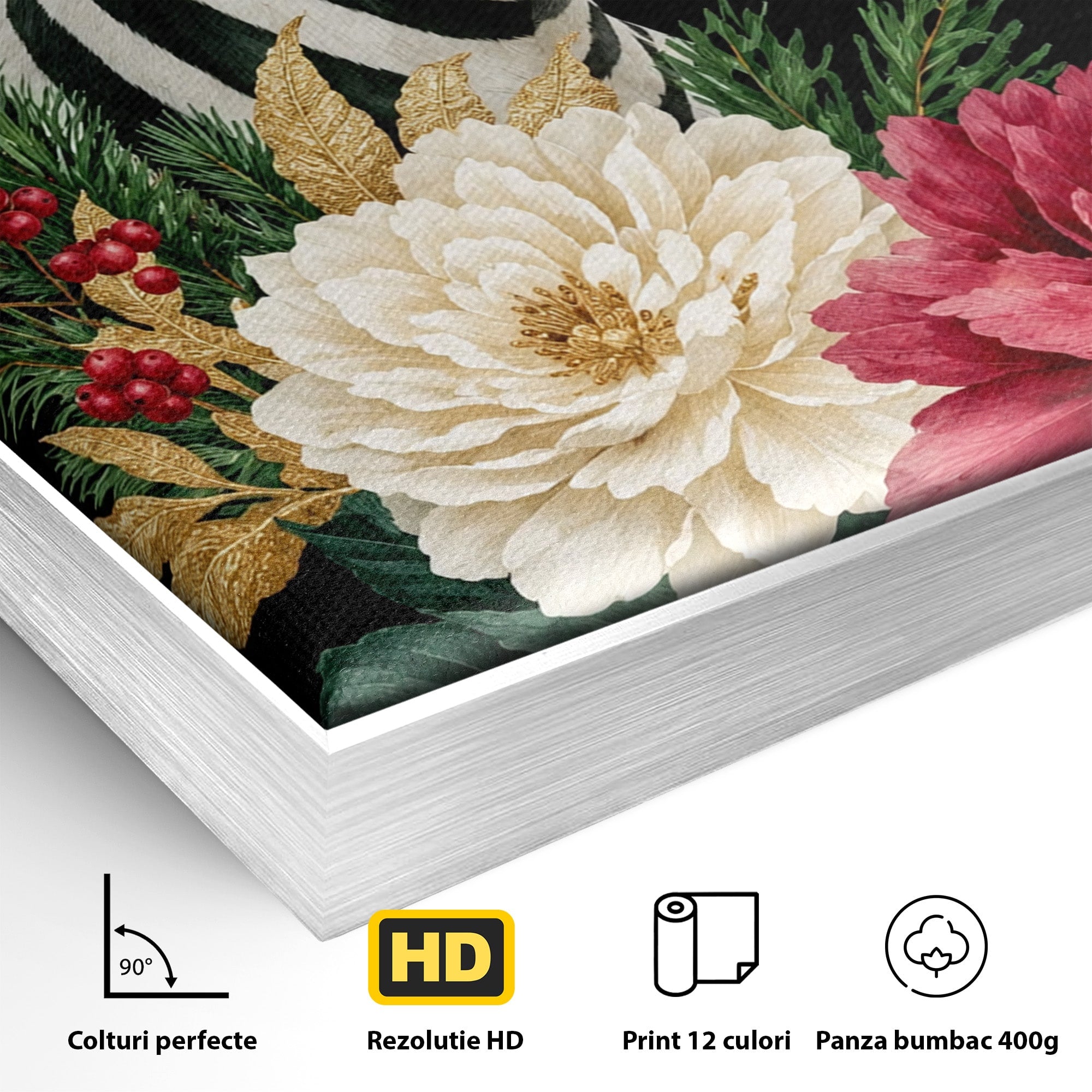 Tablou Canvas Premium LuxCanva® M1592, Zebra Cu Flori, Zebra, Flori, Natura, Decorativ, Living, Culori Vibrante