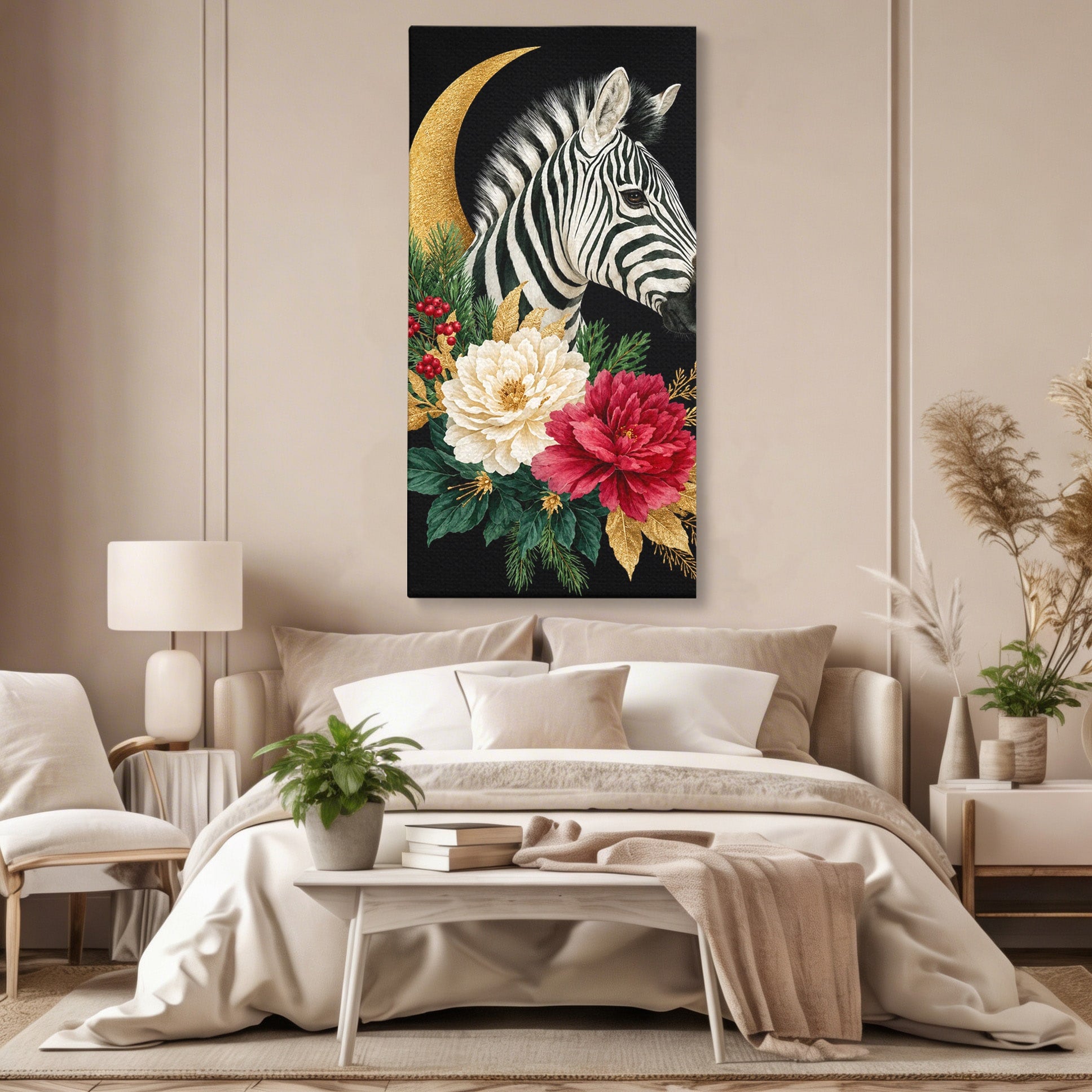 Tablou Canvas Premium LuxCanva® M1592, Zebra Cu Flori, Zebra, Flori, Natura, Decorativ, Living, Culori Vibrante