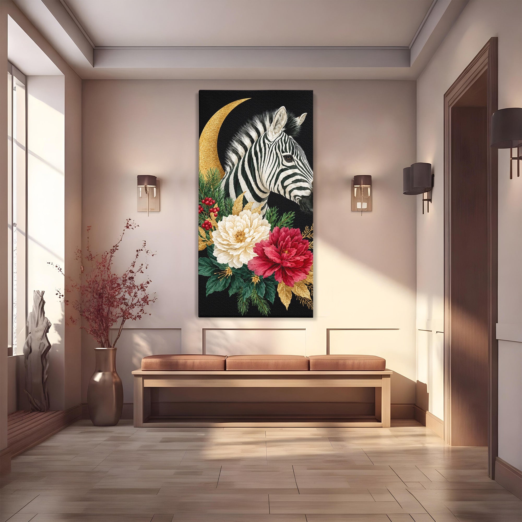 Tablou Canvas Premium LuxCanva® M1592, Zebra Cu Flori, Zebra, Flori, Natura, Decorativ, Living, Culori Vibrante